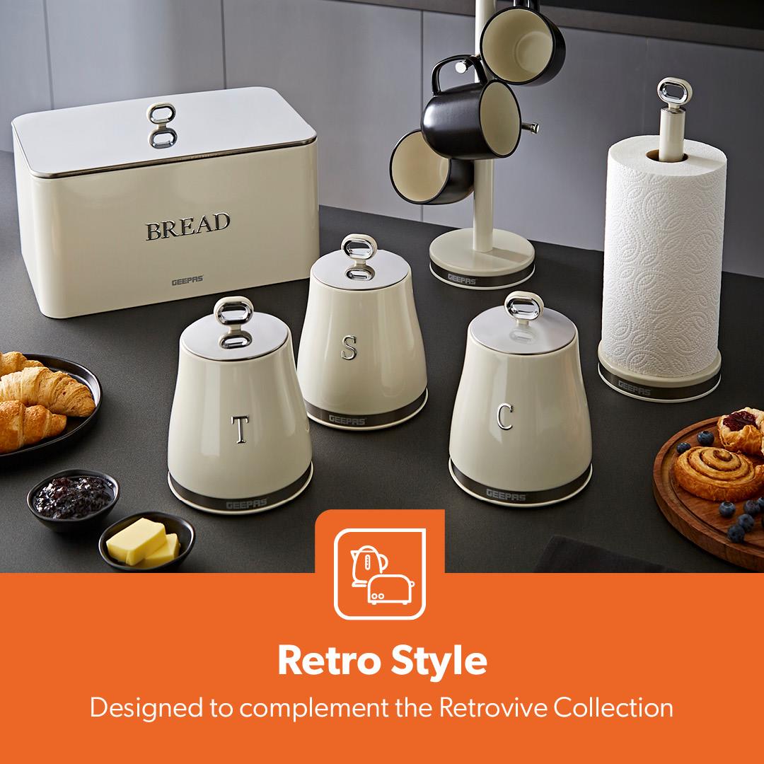 Cream Retrovive Kettle, 4-Slice Toaster, Bread Bin, Canisters, Mug Tree & Tower Pole