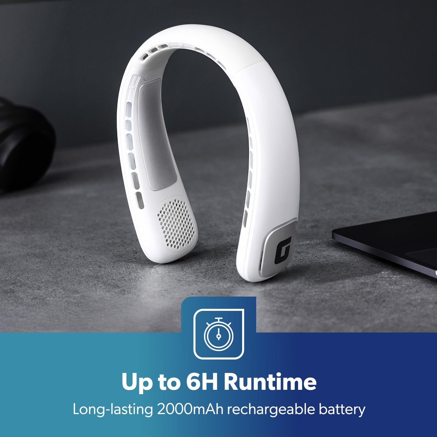 White 2000mAh 3-Speed Quiet Neck Fan 6hr Run Time