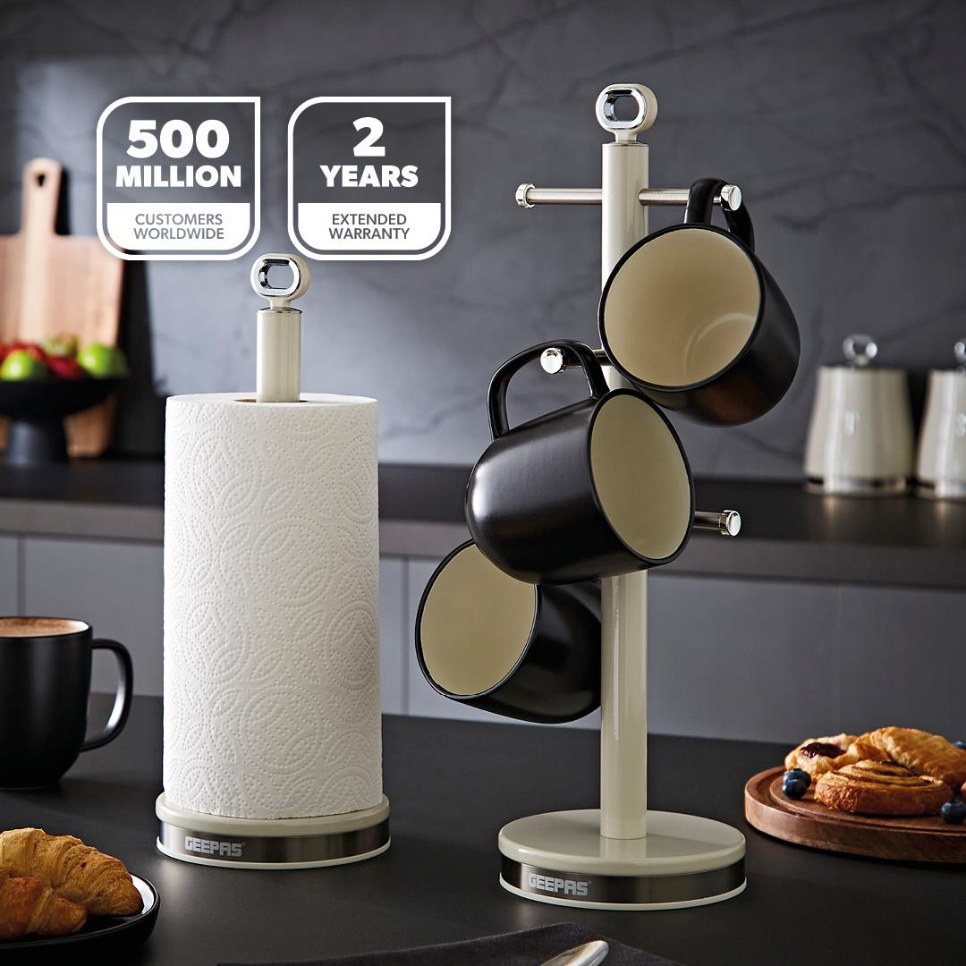 Retrovive Cream Mug Tree and Towel Pol Kitchen Counter Set