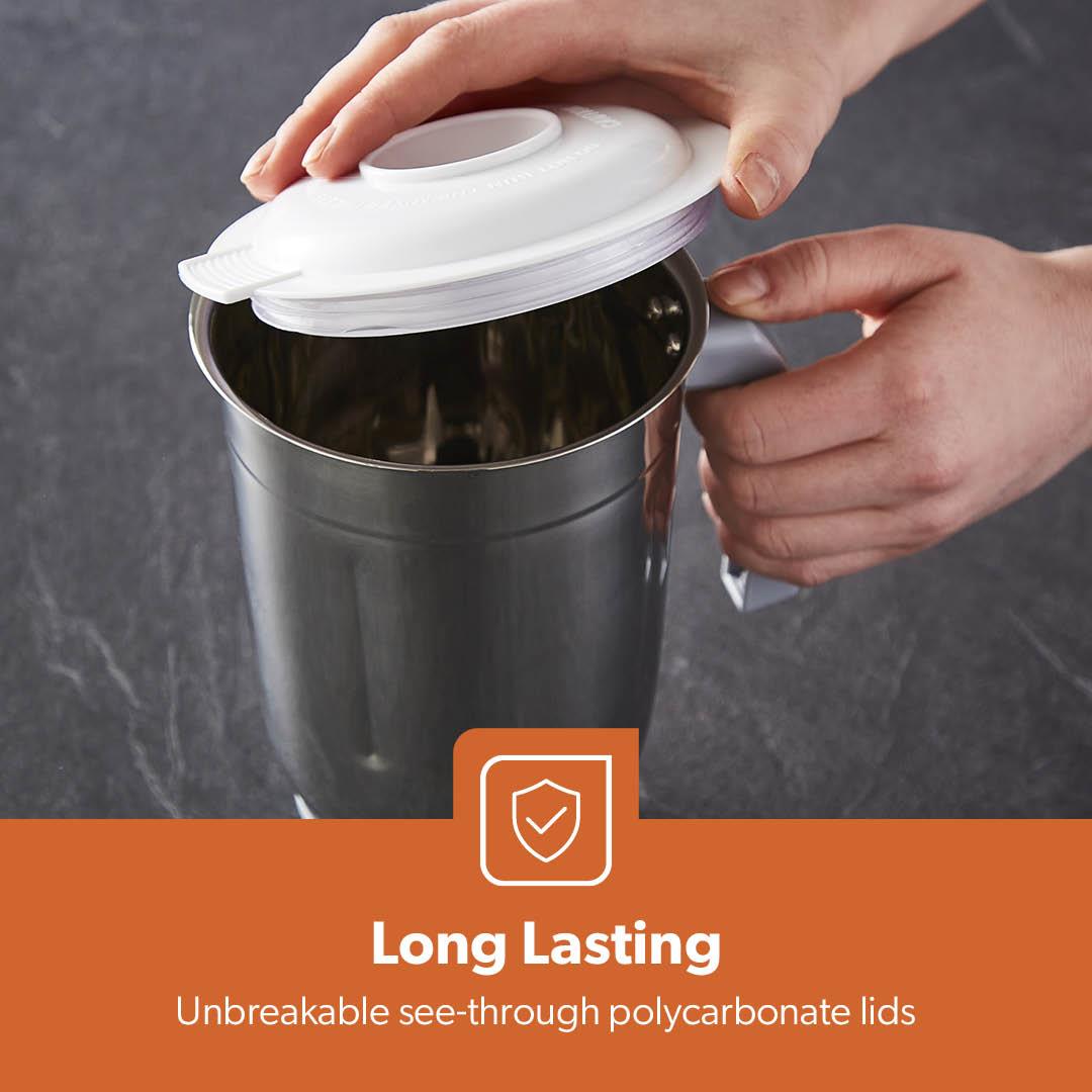Person holding a black container with a white lid, against a gray background, with text about long-lasting lids.