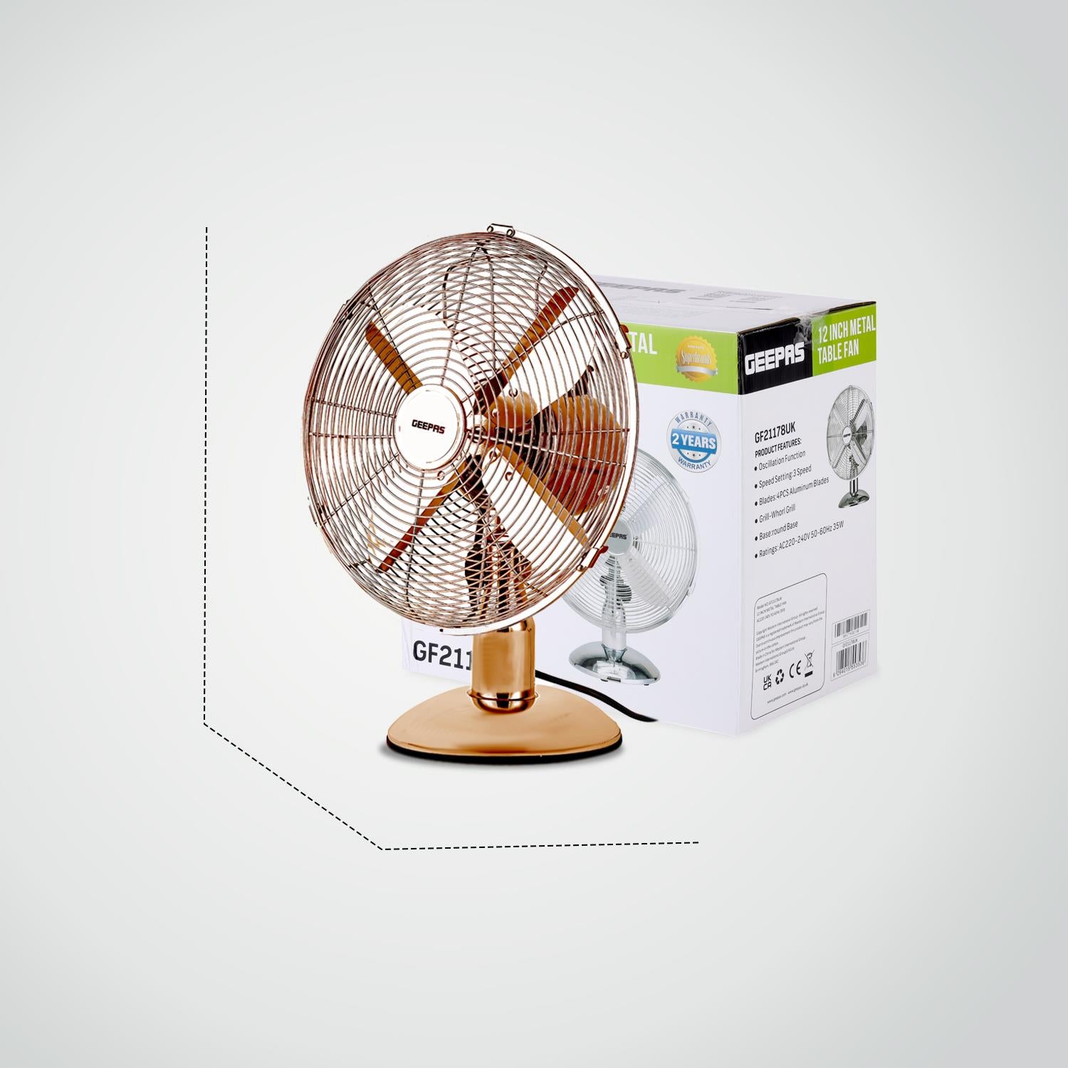 Silver and Copper Portable 12-Inch Metal Desk Fan