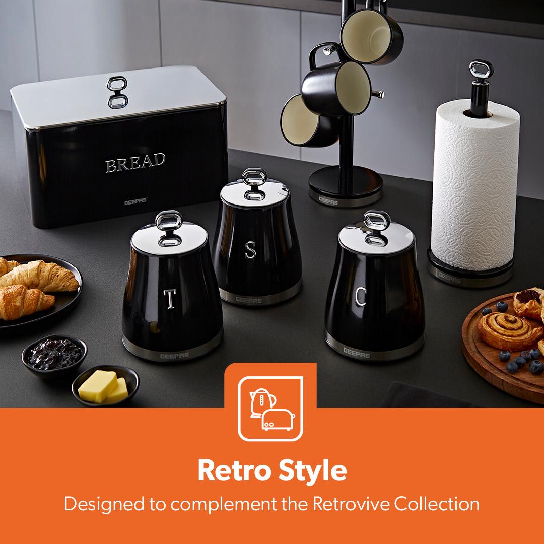 Black Retrovive Kettle, 4-Slice Toaster, 3 Canister Set, Bread Bin Mug Tree & Towel Pole