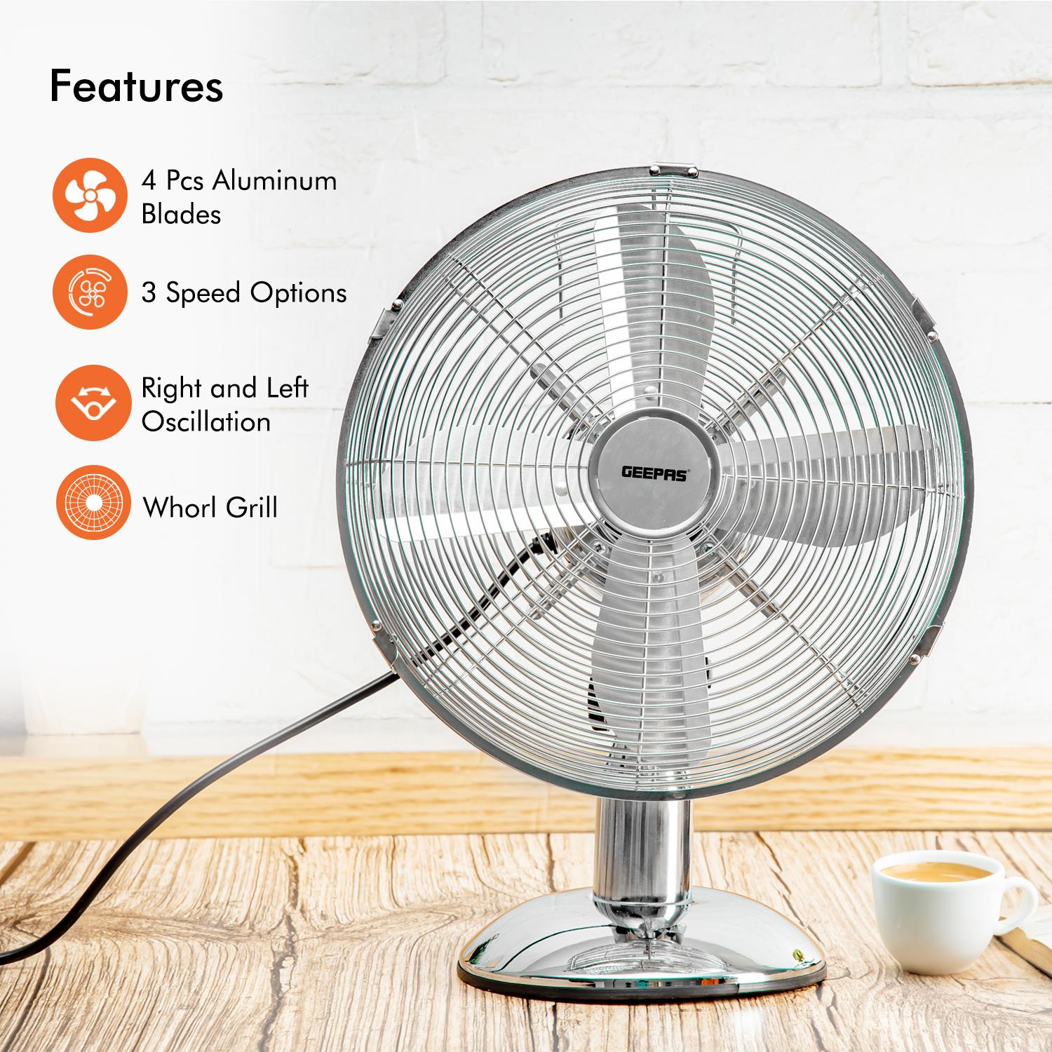 Silver and Copper Portable 12-Inch Metal Desk Fan