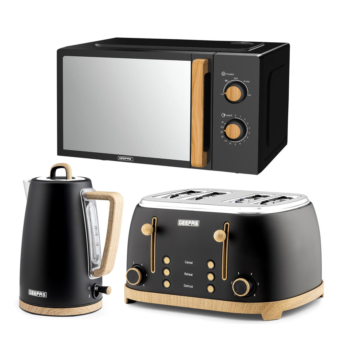 Set of GEPPES kitchen appliances including a microwave, kettle, and toaster on a white background.