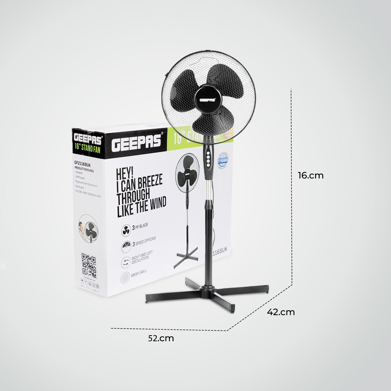 16-Inch Pedestal Fan With Oscillation (White, Grey, Black)