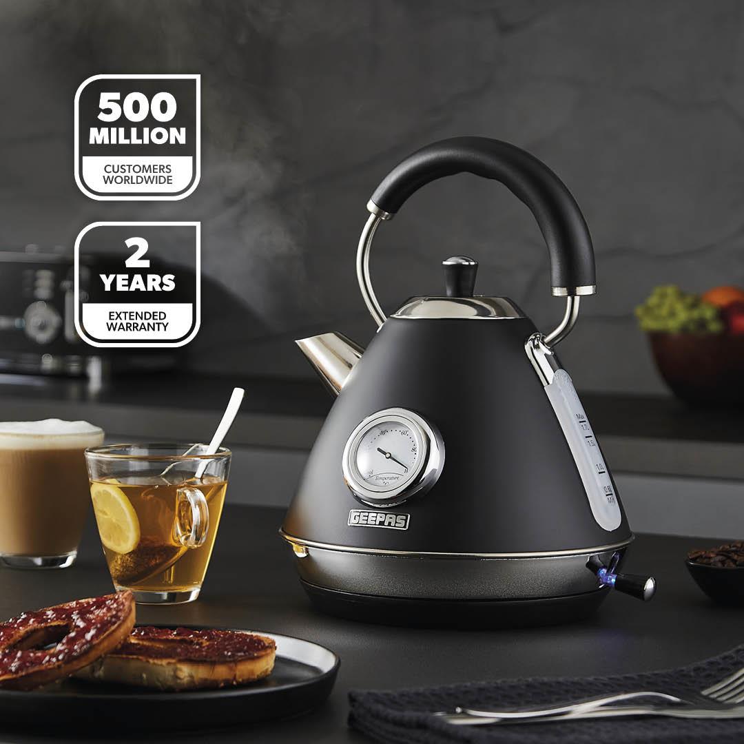 Black Retrovive Kettle, 4-Slice Toaster, 3 Canister Set, Bread Bin Mug Tree & Towel Pole