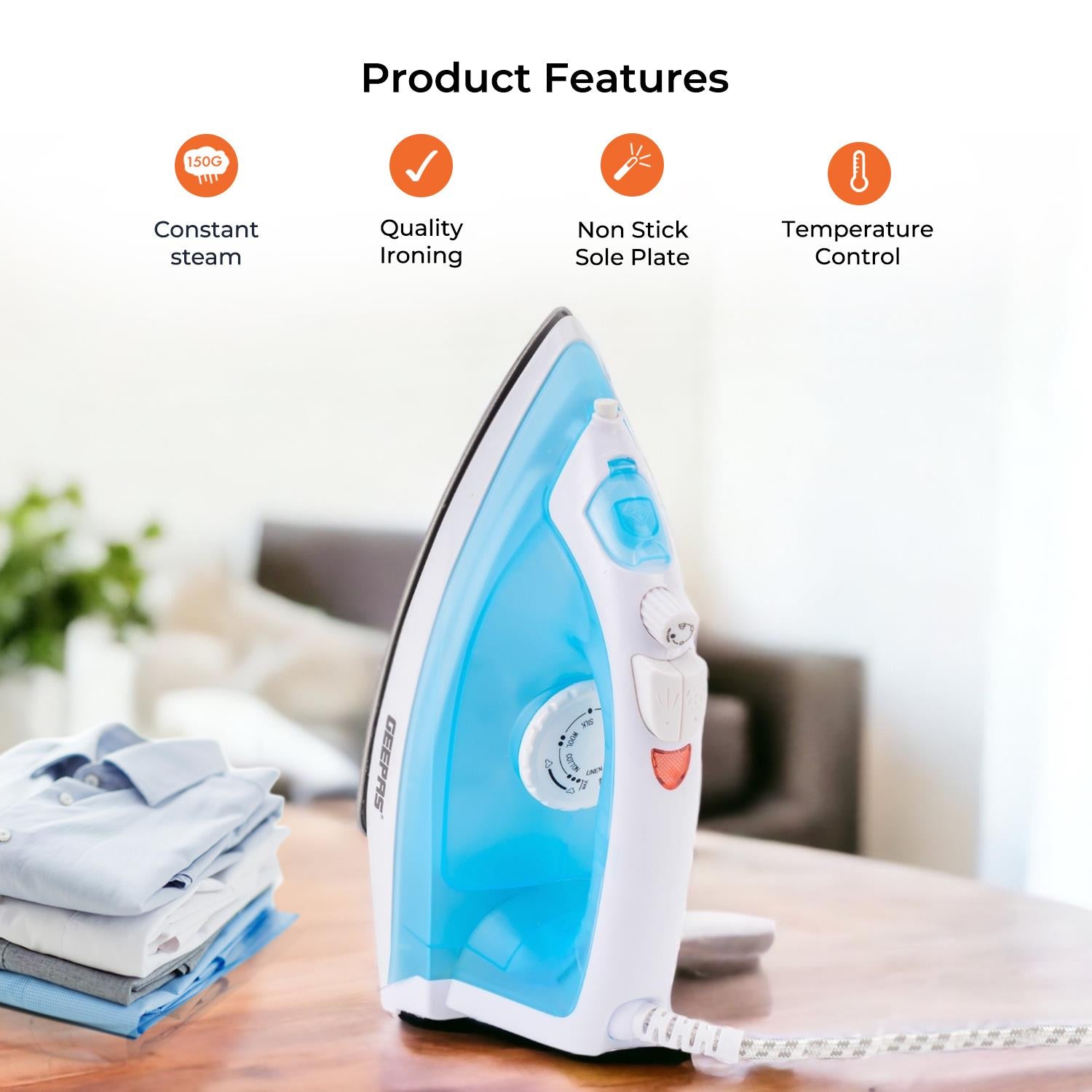 1600W Non-Stick Soleplate Dry/Steam Iron (Grey & Blue)