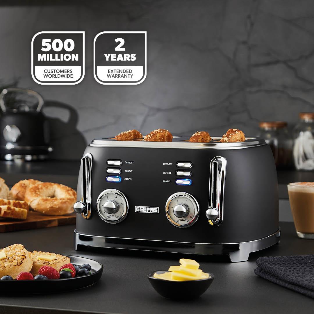 Black Retrovive Kettle, 4-Slice Toaster, 3 Canister Set, Bread Bin Mug Tree & Towel Pole