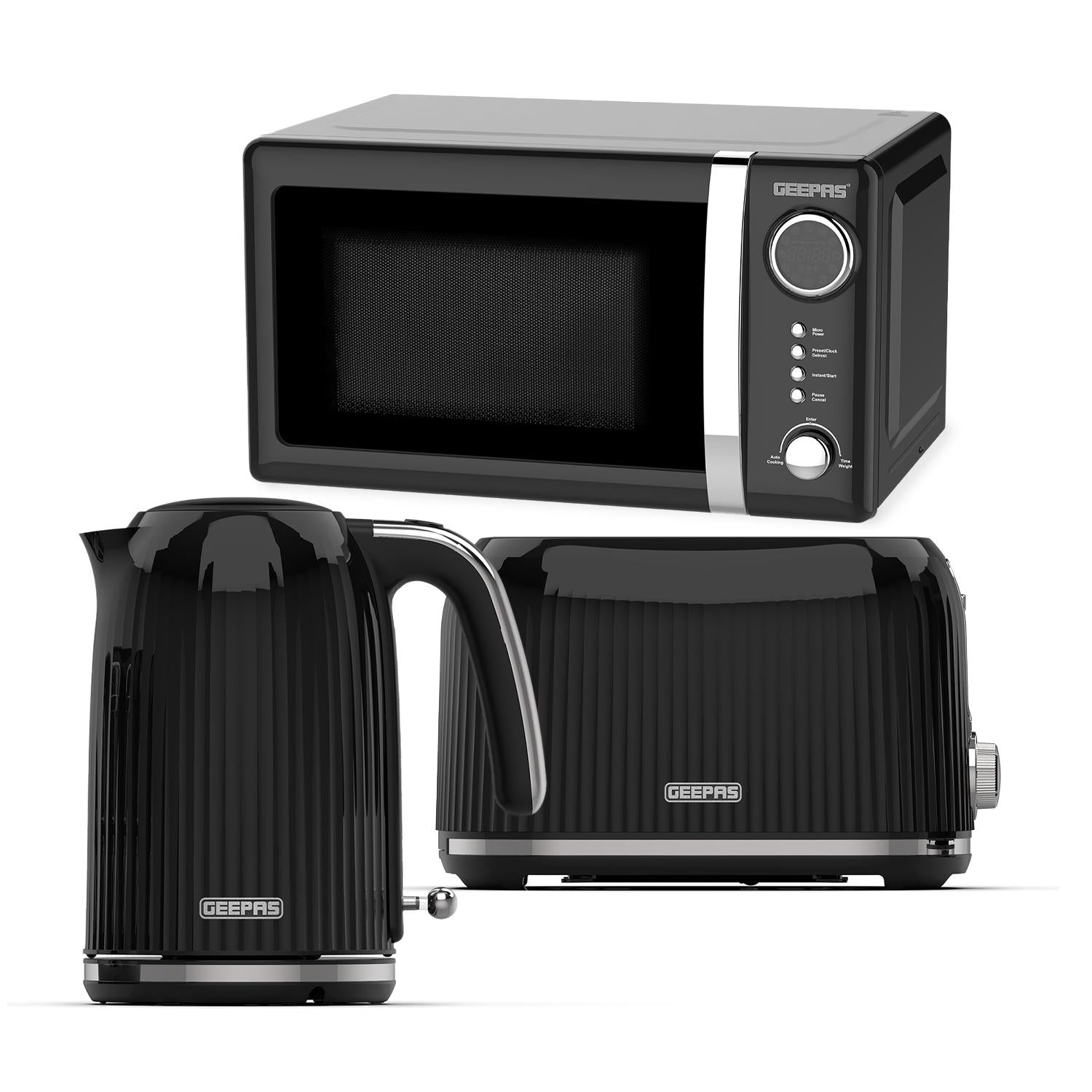 Fluted 1.7L Electric Kettle, 2-Slice Toaster & Digital Microwave Set