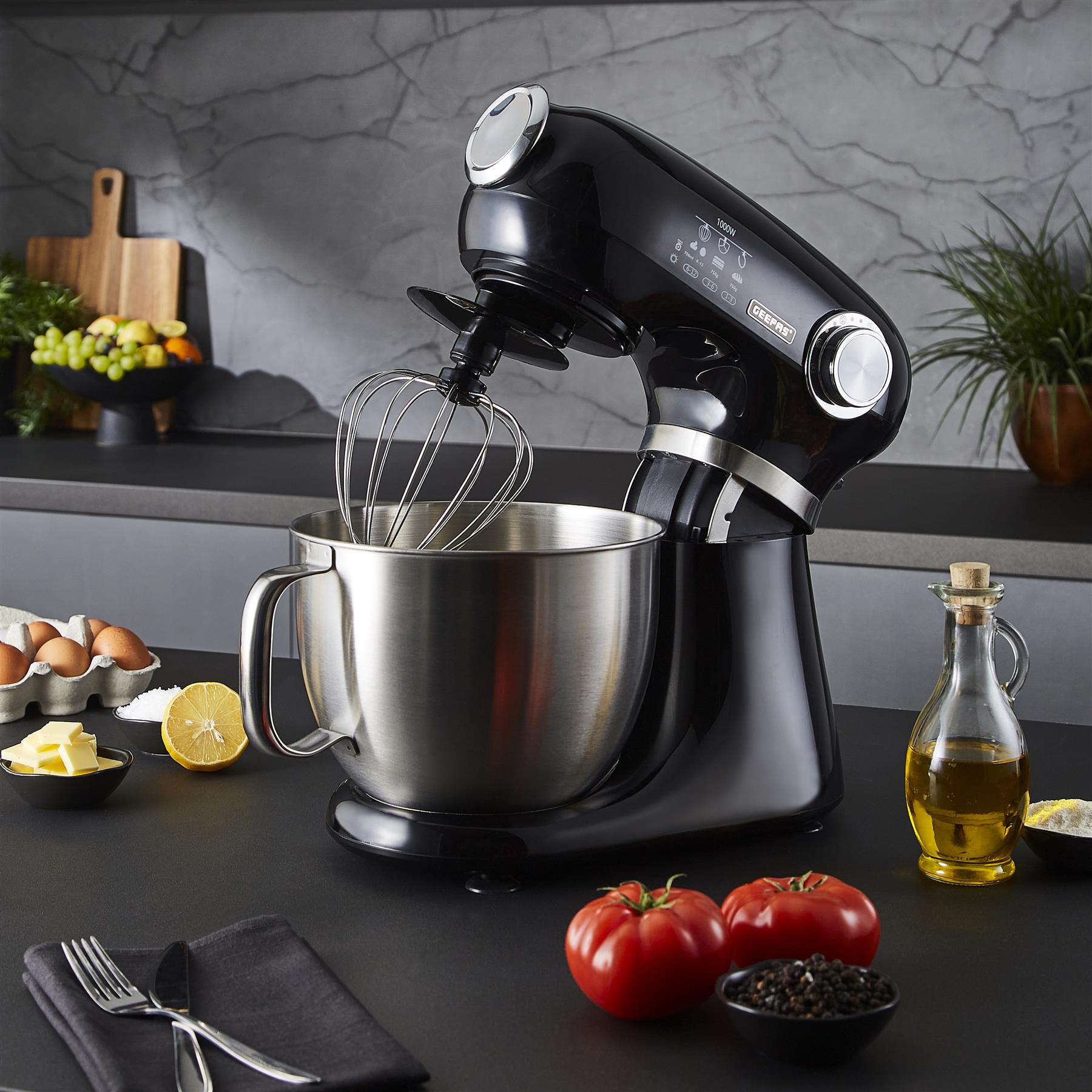 1000W Black Stand Mixer With 5L Bowl - 12-Speed With Beater & Dough Hook