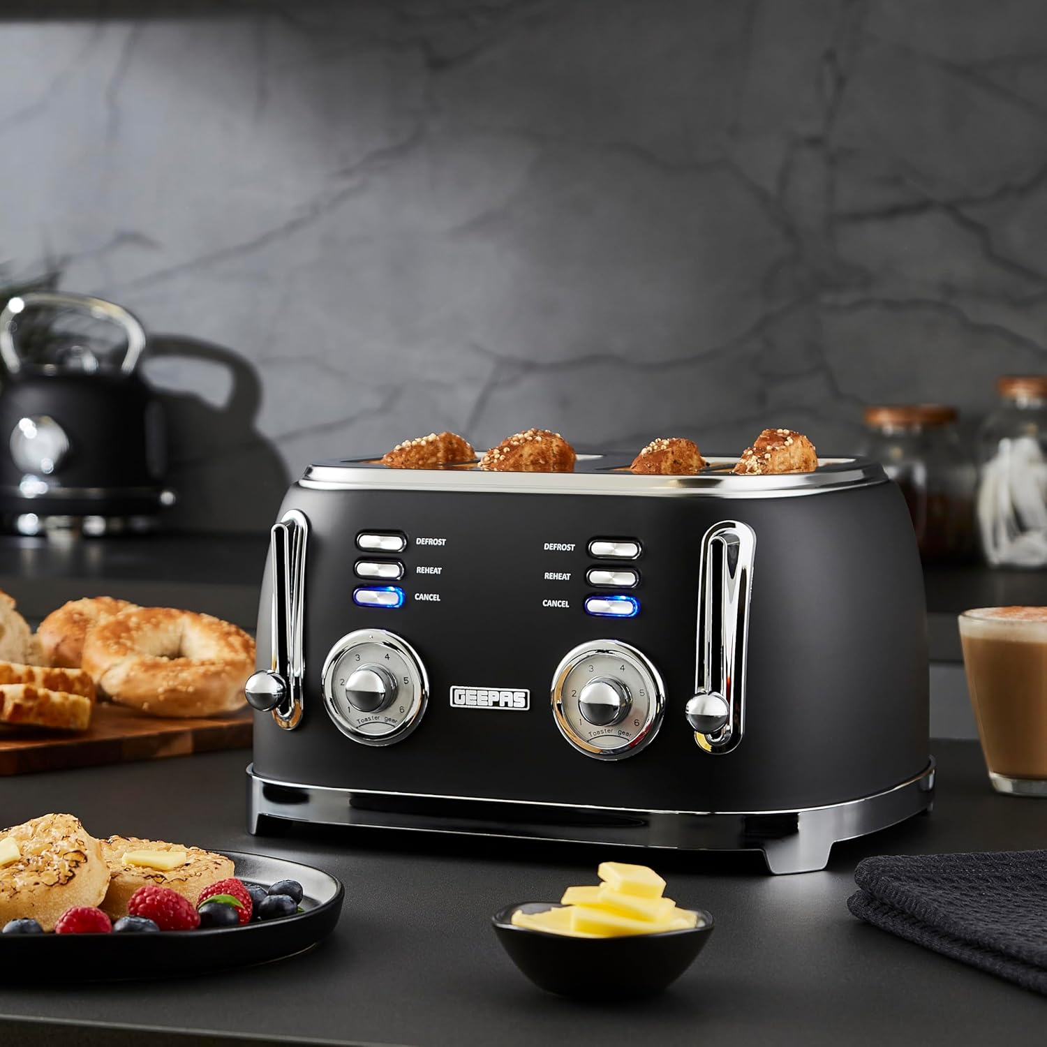 Retrovive Black 1.7L Electric Kettle, 4-Slice Toaster & 20L Digital Microwave