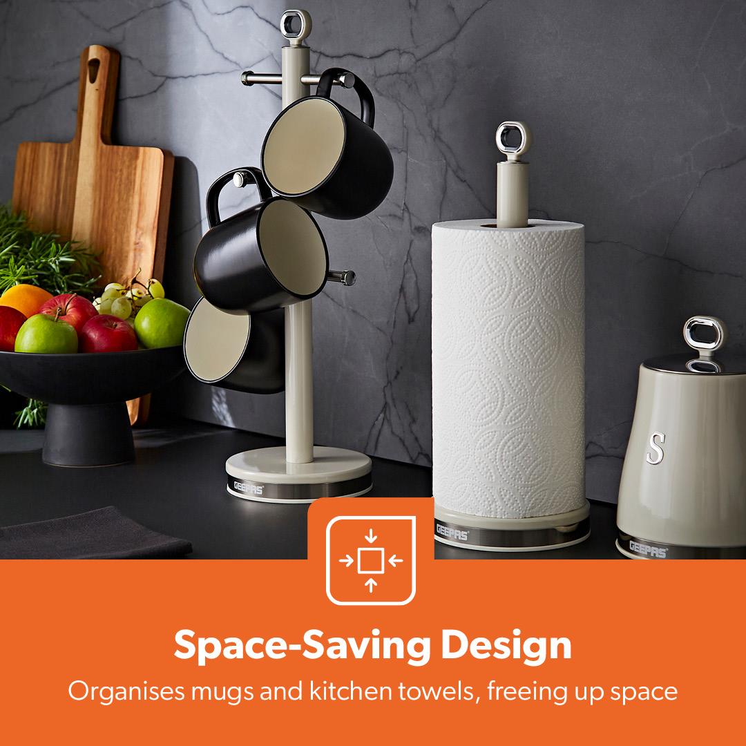 Retrovive Cream Mug Tree and Towel Pol Kitchen Counter Set