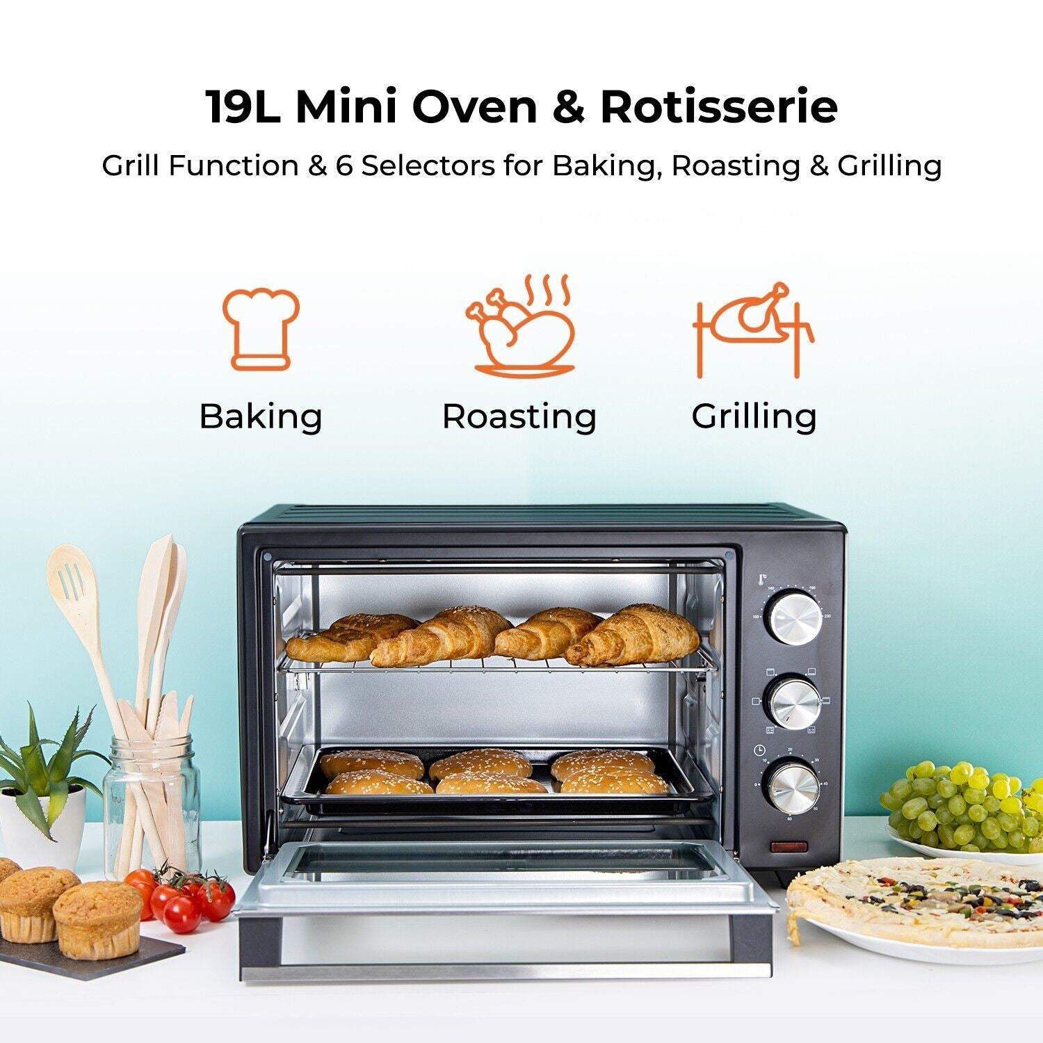 19L Compact Electric Oven With Rotisserie, Bake, Roast & Grill 1280W