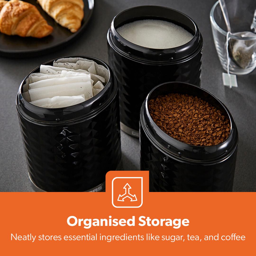 4Pc Tea Coffee Sugar Canister 1.3L & 9L Bread Bin Set Argyle Black