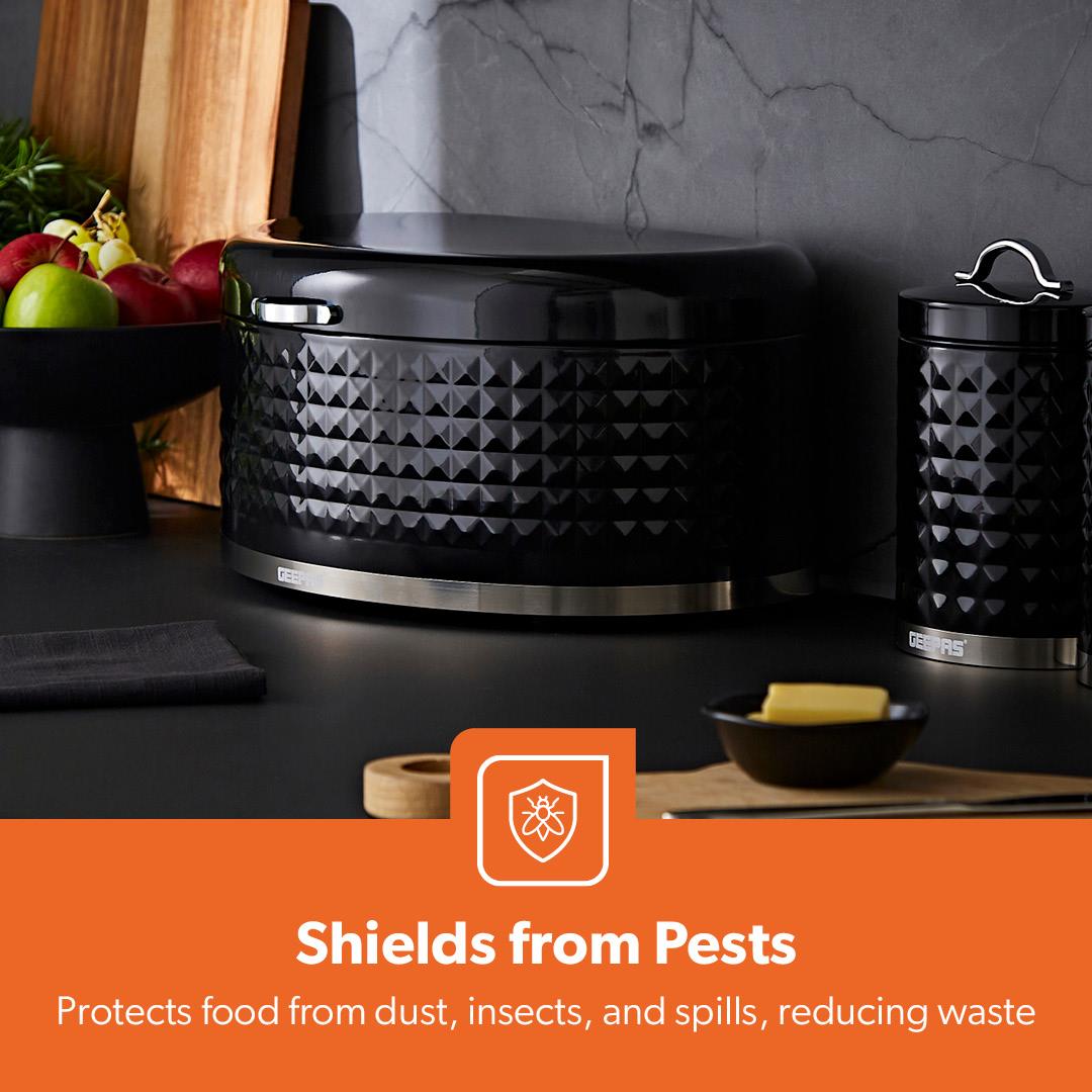 4Pc Tea Coffee Sugar Canister 1.3L & 9L Bread Bin Set Argyle Black