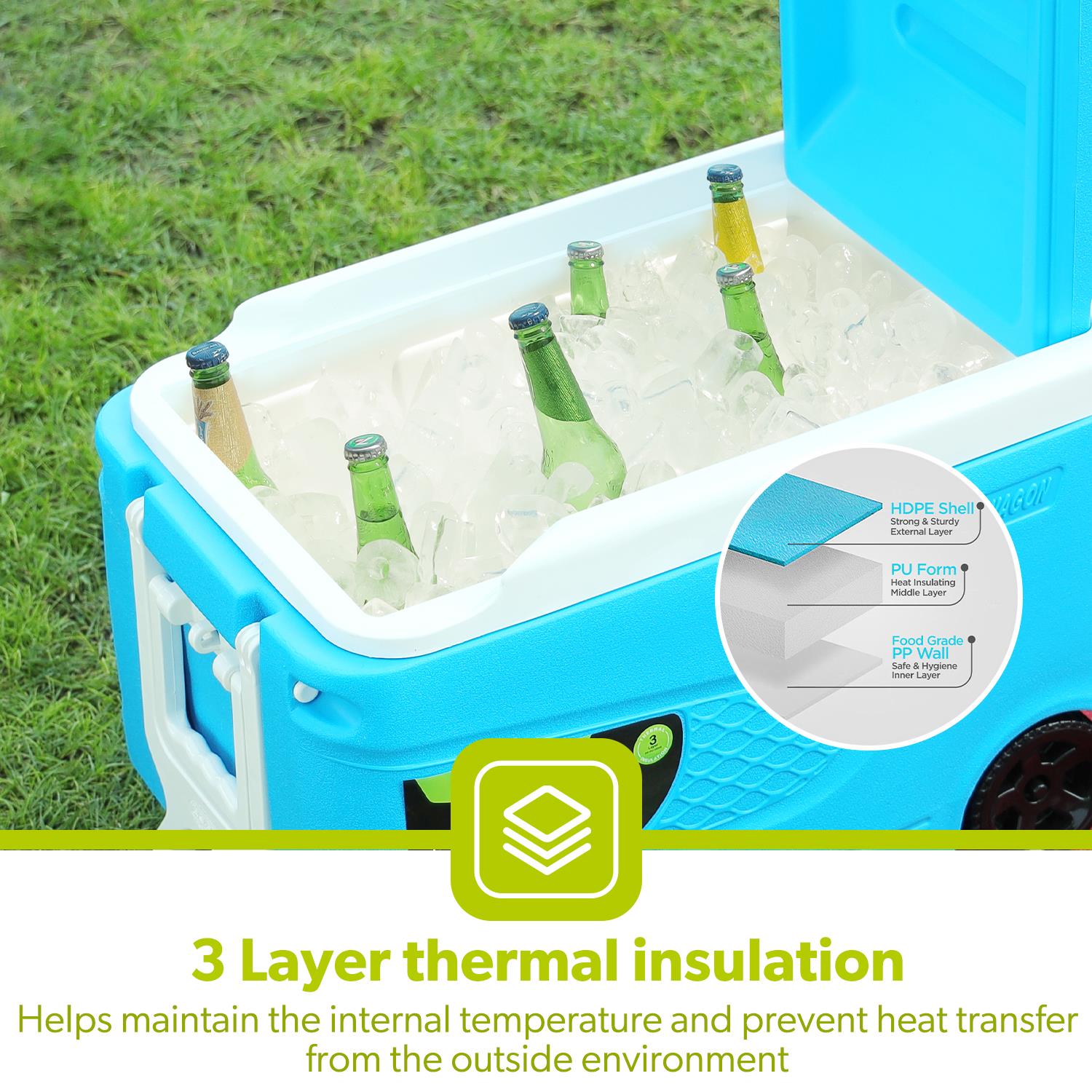 45L Large Blue Insulated Ice Cooler Chest With Wheels