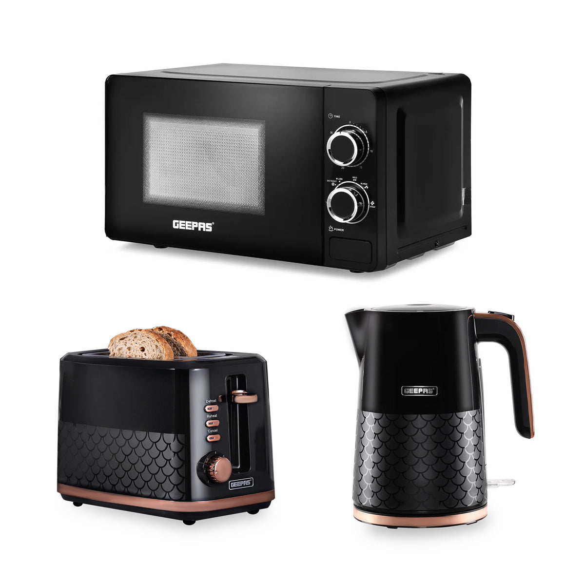 Aurora Black and Rose Gold 3-In-1 Microwave, Kettle & Toaster Set