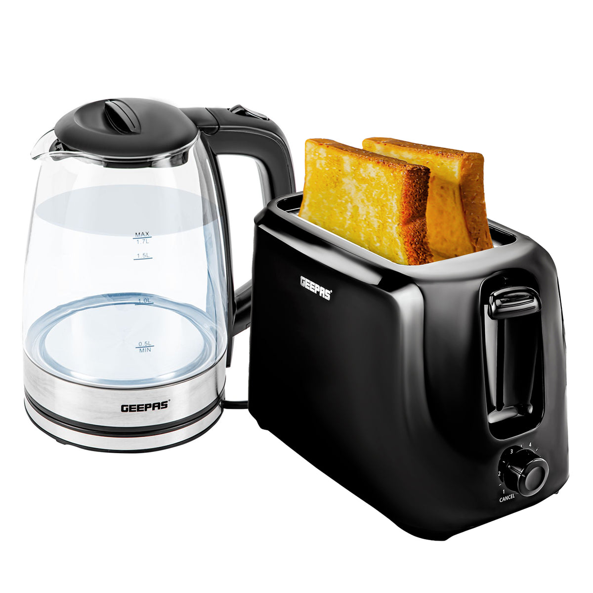 1.8L Black Electric Glass Kettle and Two-Slice Toaster Set