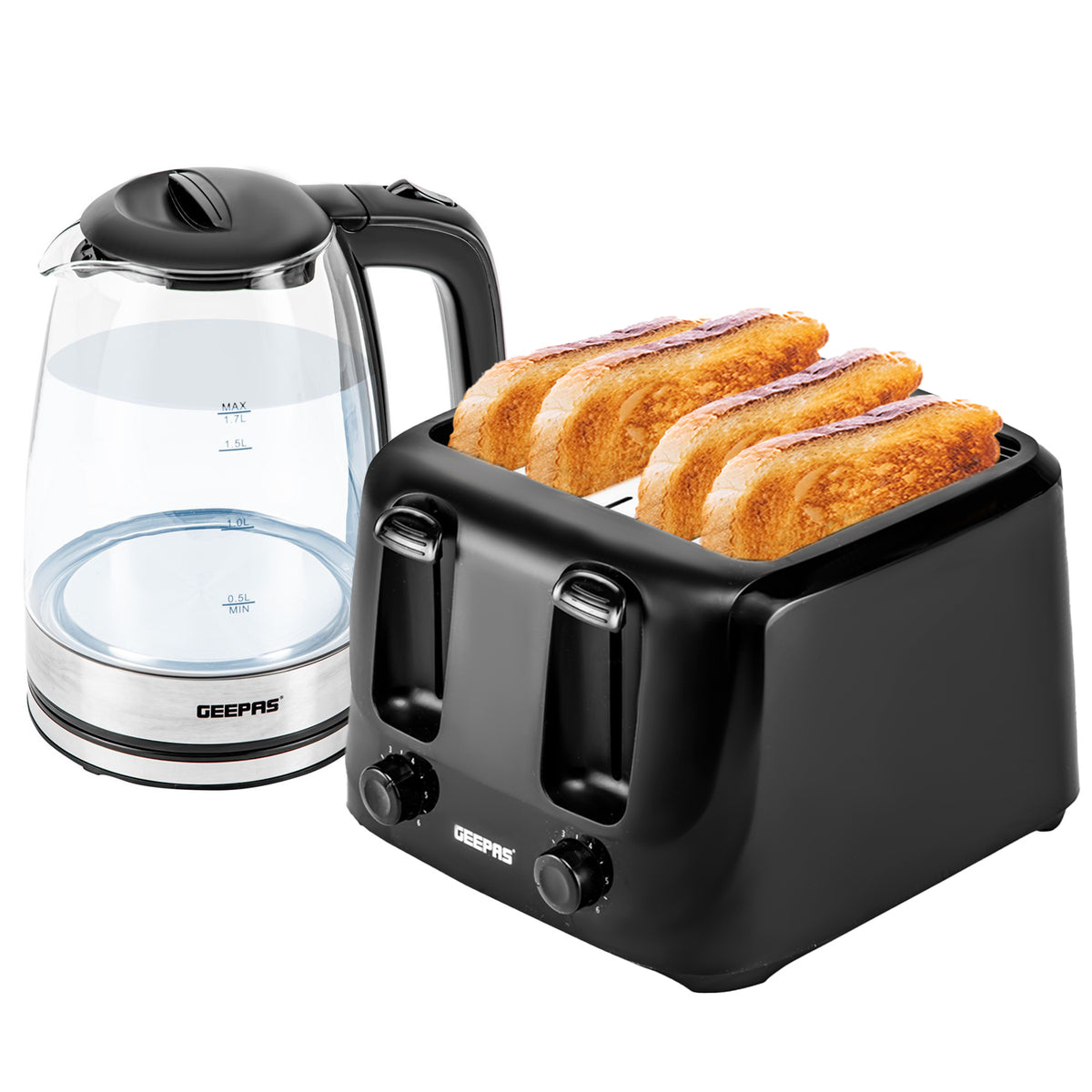 1.8L Black LED Glass Kettle and Four-Slice Toaster Set