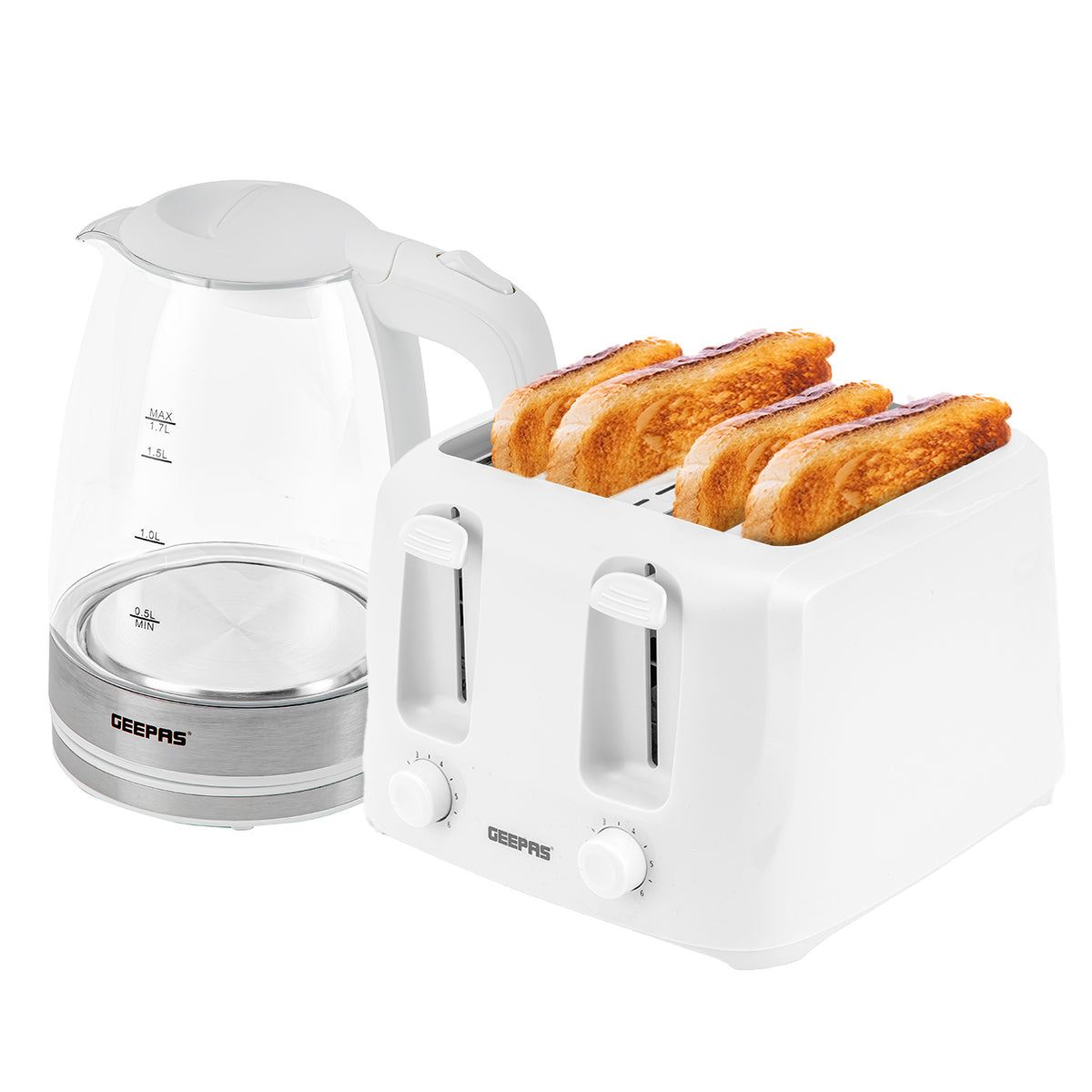 1.8L LED Glass Kettle and 4 Slice Toaster Set In White