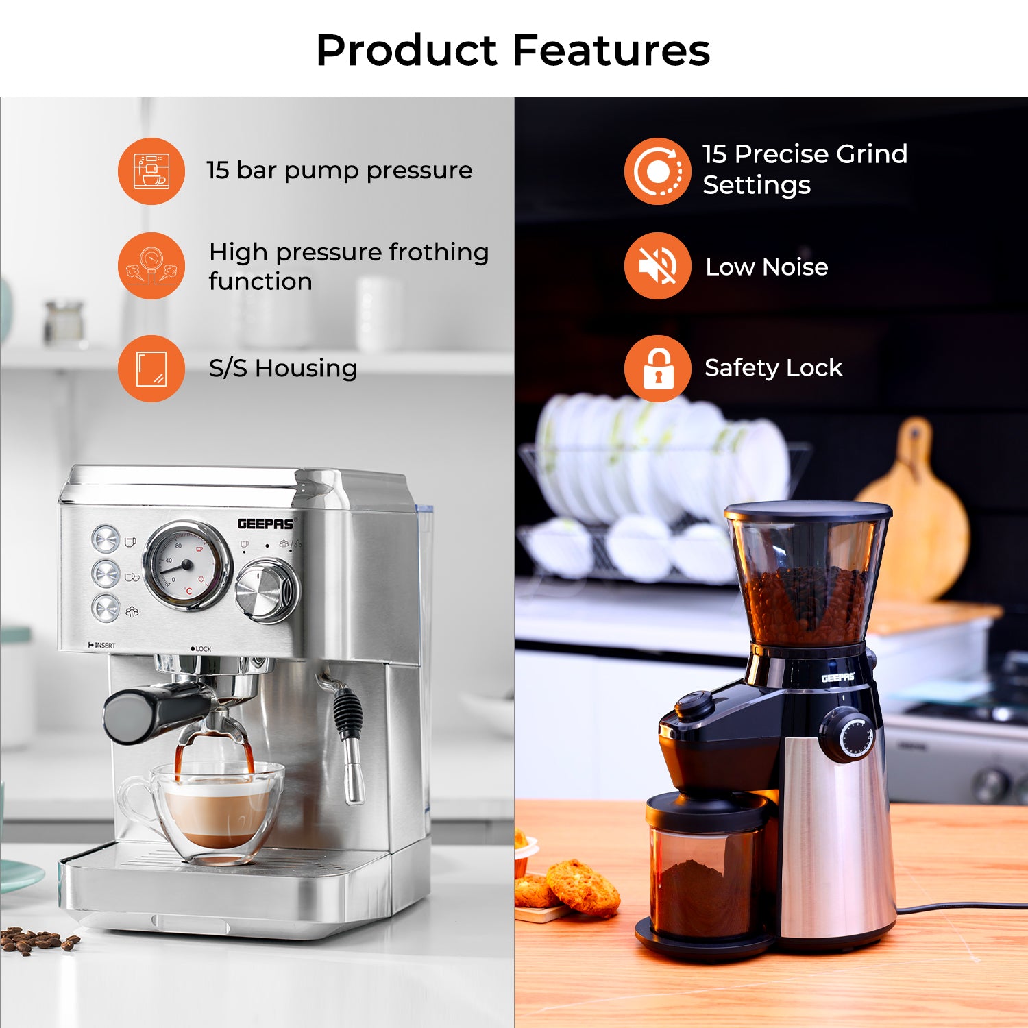 15 Bar Espresso Coffee Machine & Burr Coffee Grinder Set