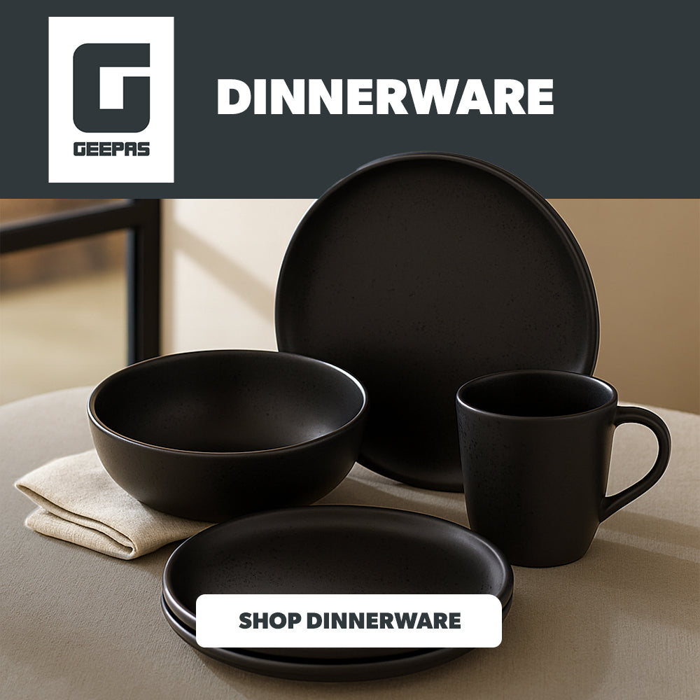 Black dinnerware set with 'GEEPAS' branding and 'SHOP DINNERWARE' callout on a neutral background.