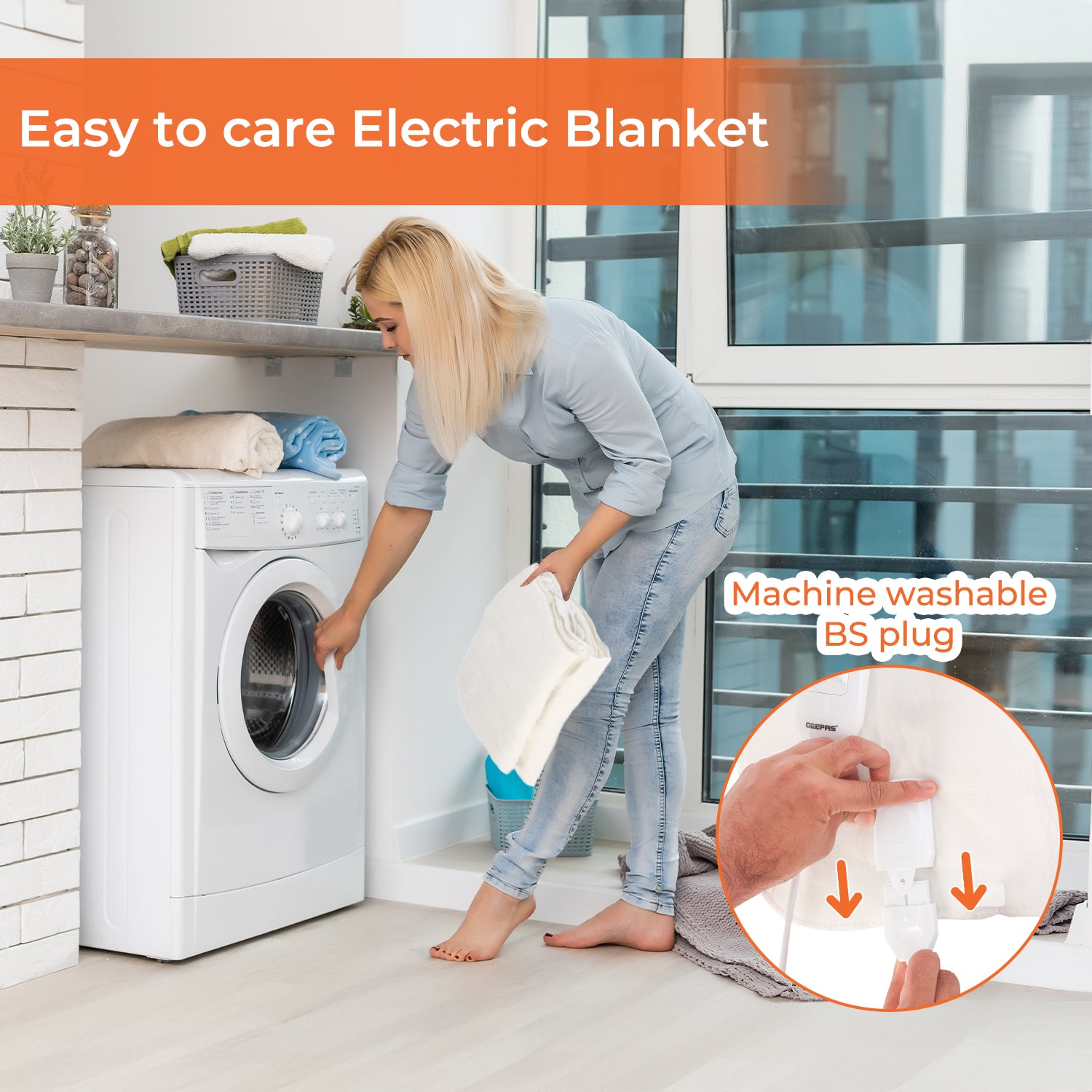 Showing off a woman putting the double heated under blanket into the washing machine
