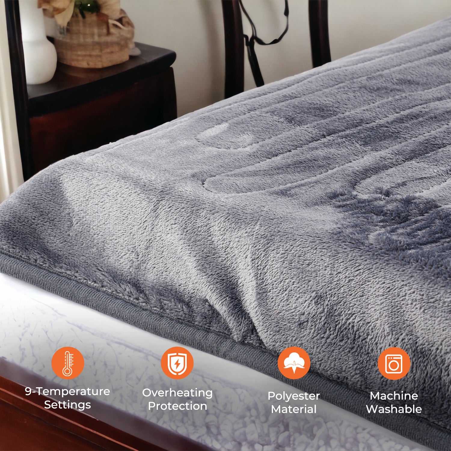 Grey Fluffy King-Size Heated Throw Electric Blanket With Timer