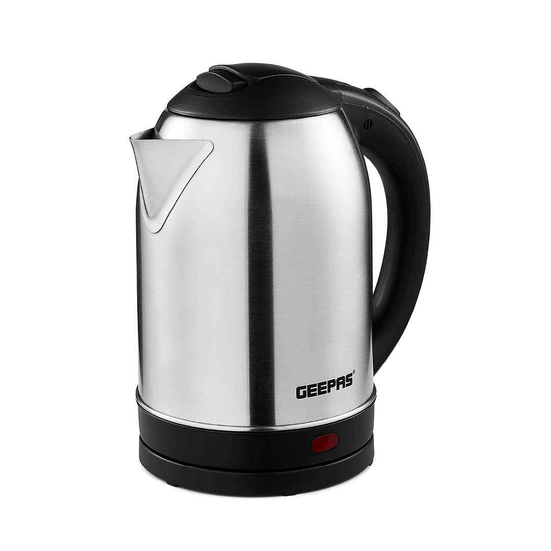 The image shows off the geepas stainless steel kettle on a white background.
