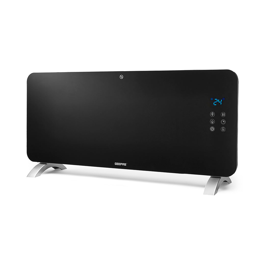 The black smart electric panel heater on a white background, the image shows the panel heaters touchscreen display and sleek black design.