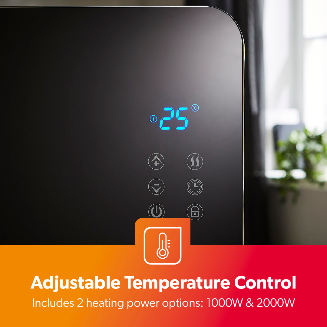 The image shows off the adjustable temperature control, ranging from a 1000W to a 2000W power output.