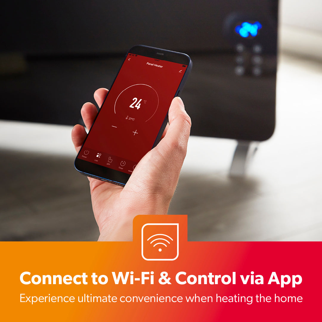 The image shows of the wi-fi and app connectivity for the smart black panel heater. There is a hand holding a phone and controlling the heater through the mobile app.