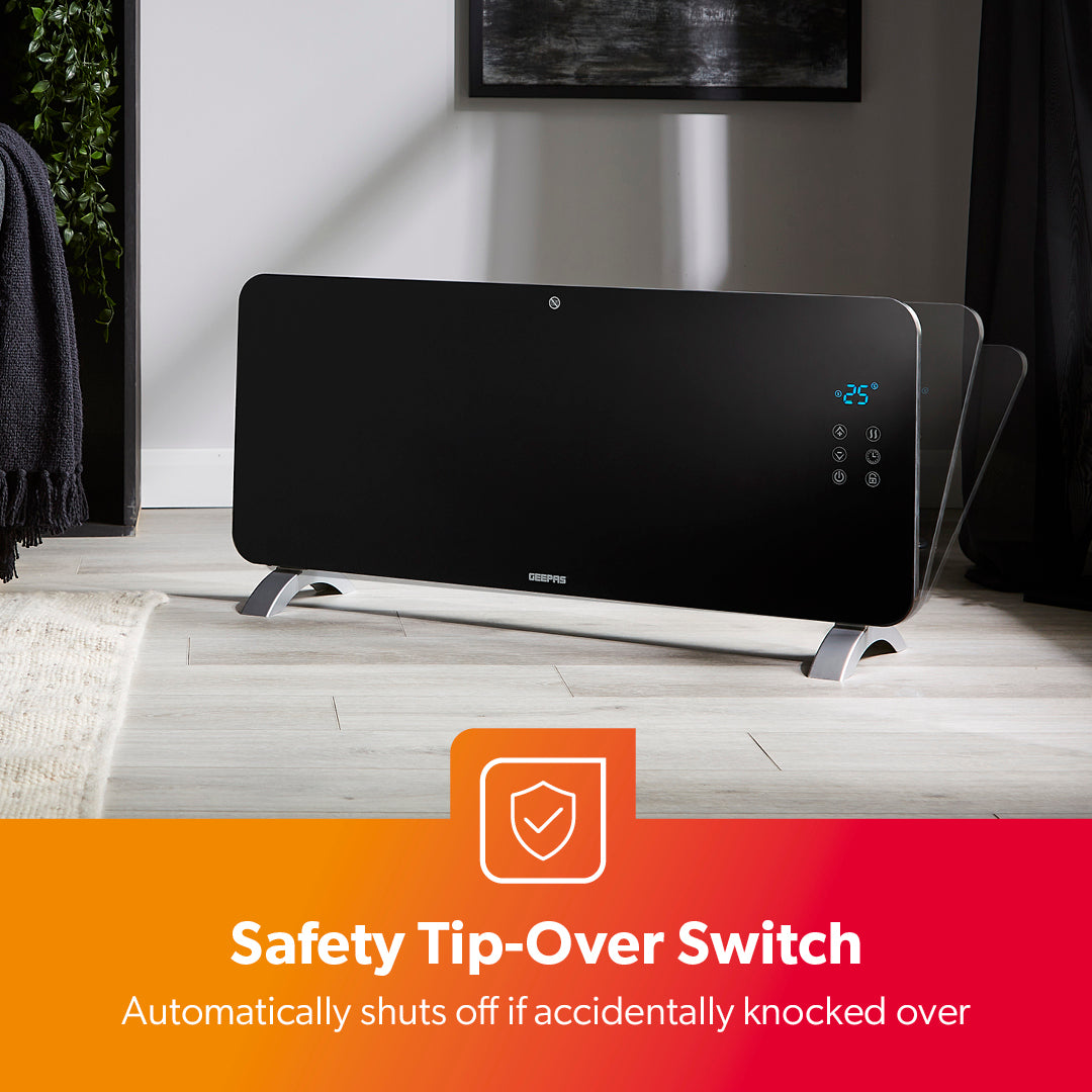 The black panel heater also features a safety tip-over switch which will turn the heater off as soon as it is tipped over.