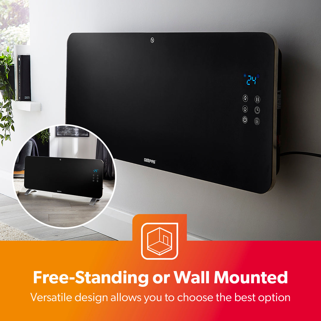 The image shows off both the free standing and the wall mounted design that can be applied to the panel heater.