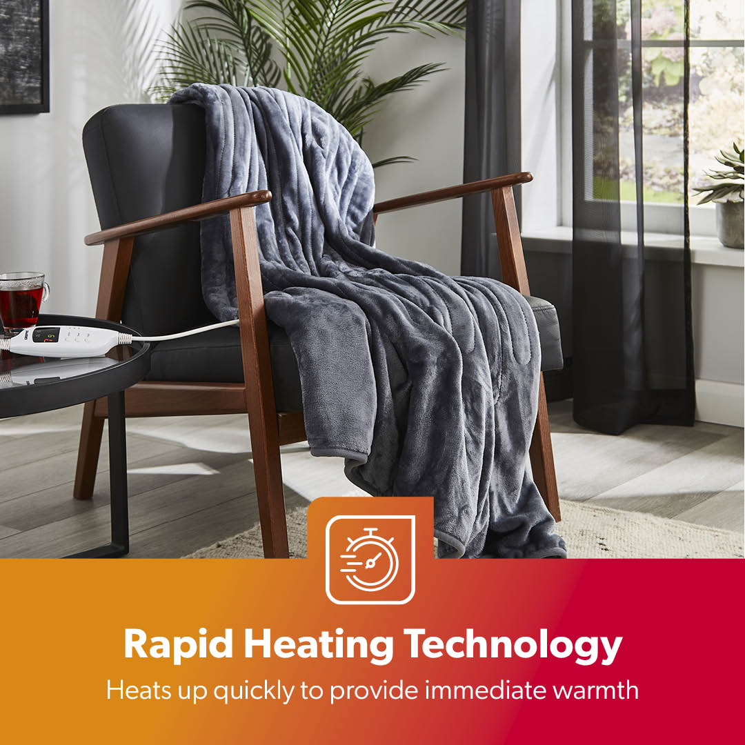 Grey Fluffy King-Size Heated Throw Electric Blanket With Timer