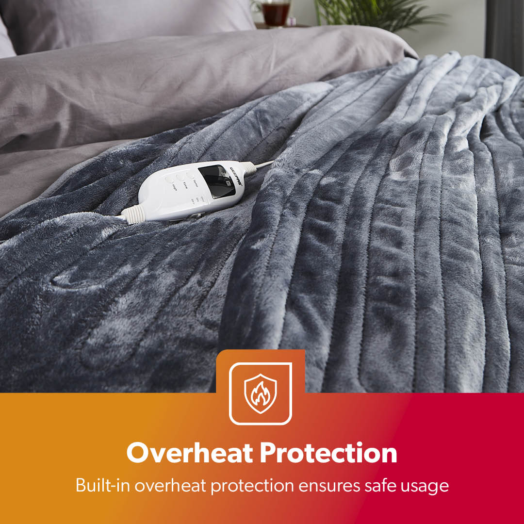 Grey Fluffy King-Size Heated Throw Electric Blanket With Timer