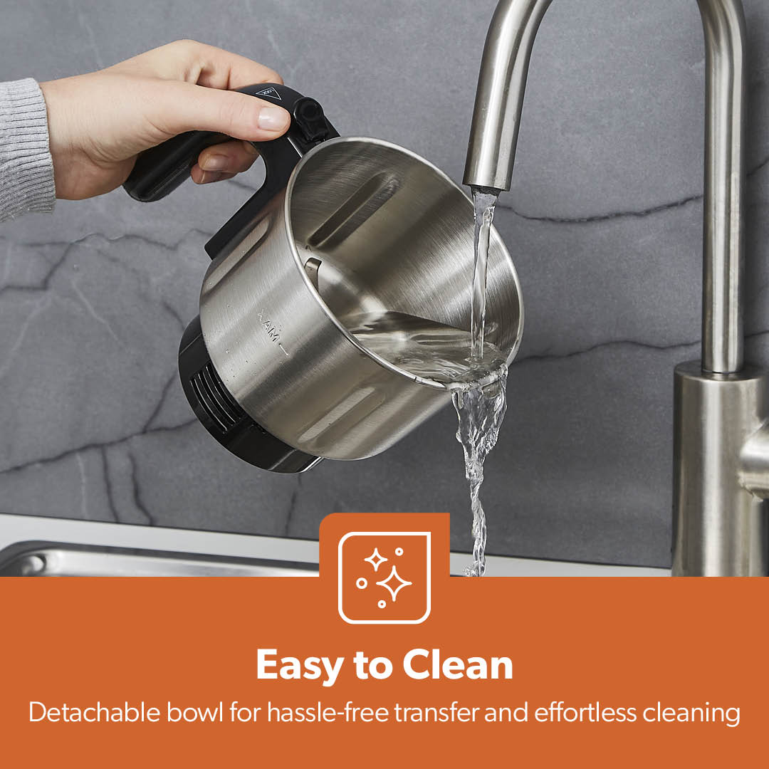 Stainless steel pitcher being filled with water from a faucet, with an orange banner highlighting 'Easy to Clean' feature.
