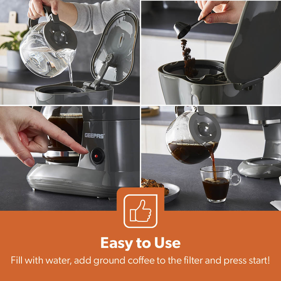 1.5L Automatic Drip Filter Coffee Machine With Glass Carafe, Grey