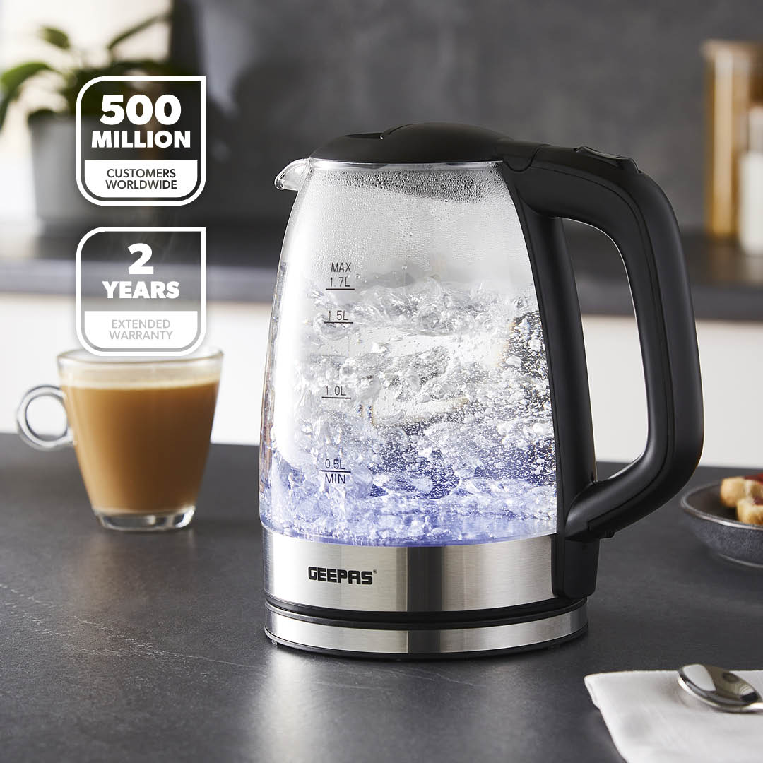 1.7L Black Rapid Boil Glass Electric Kettle With LED