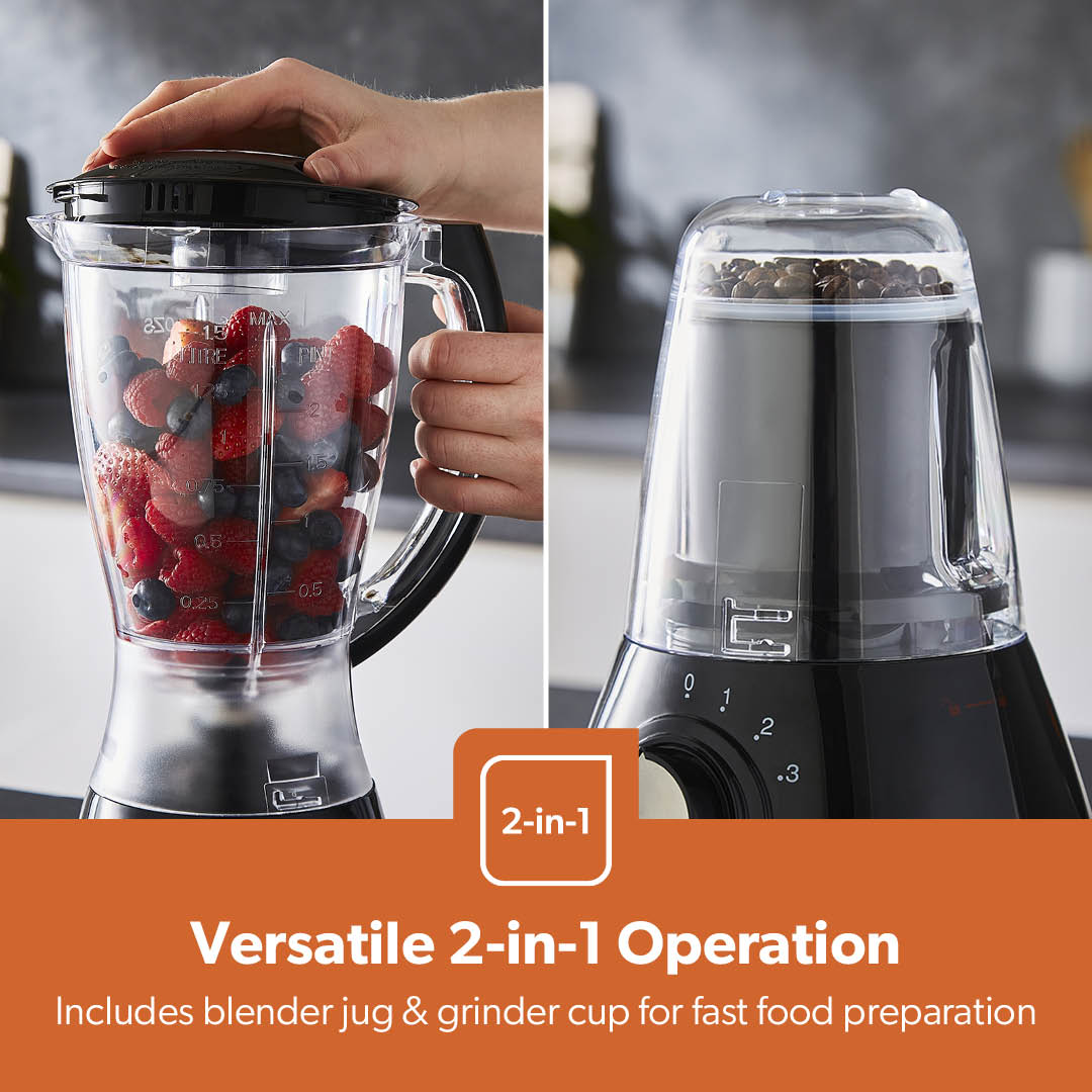 2-In-1 Black Portable Food Jug Blender and Grinder 1.5L