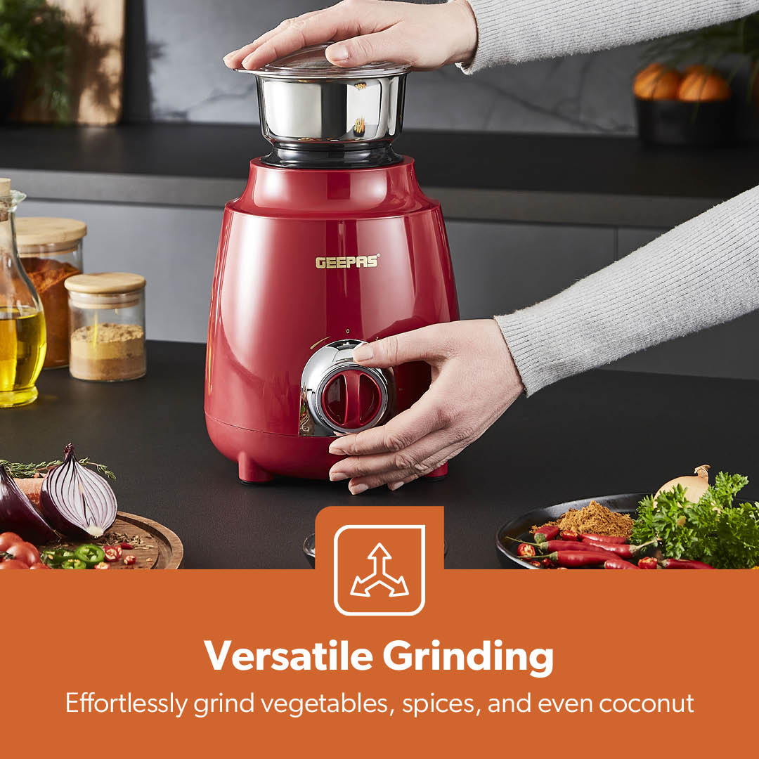 3-In-1 Red Stainless Steel Wet and Dry Mixer Grinder 600W