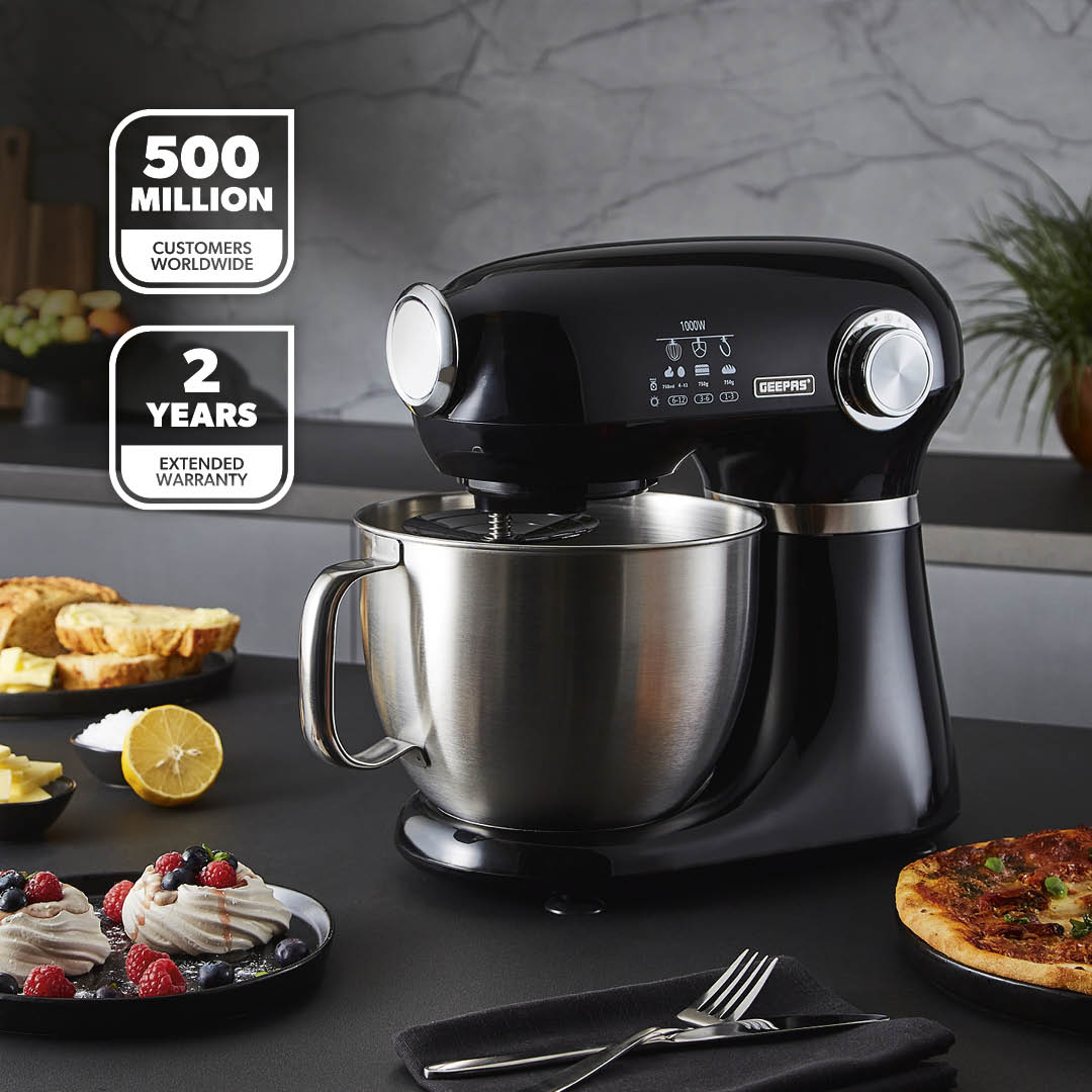 1000W Black Stand Mixer With 5L Bowl - 12-Speed With Beater & Dough Hook