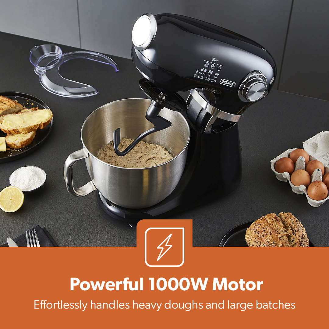 1000W Black Stand Mixer With 5L Bowl - 12-Speed With Beater & Dough Hook