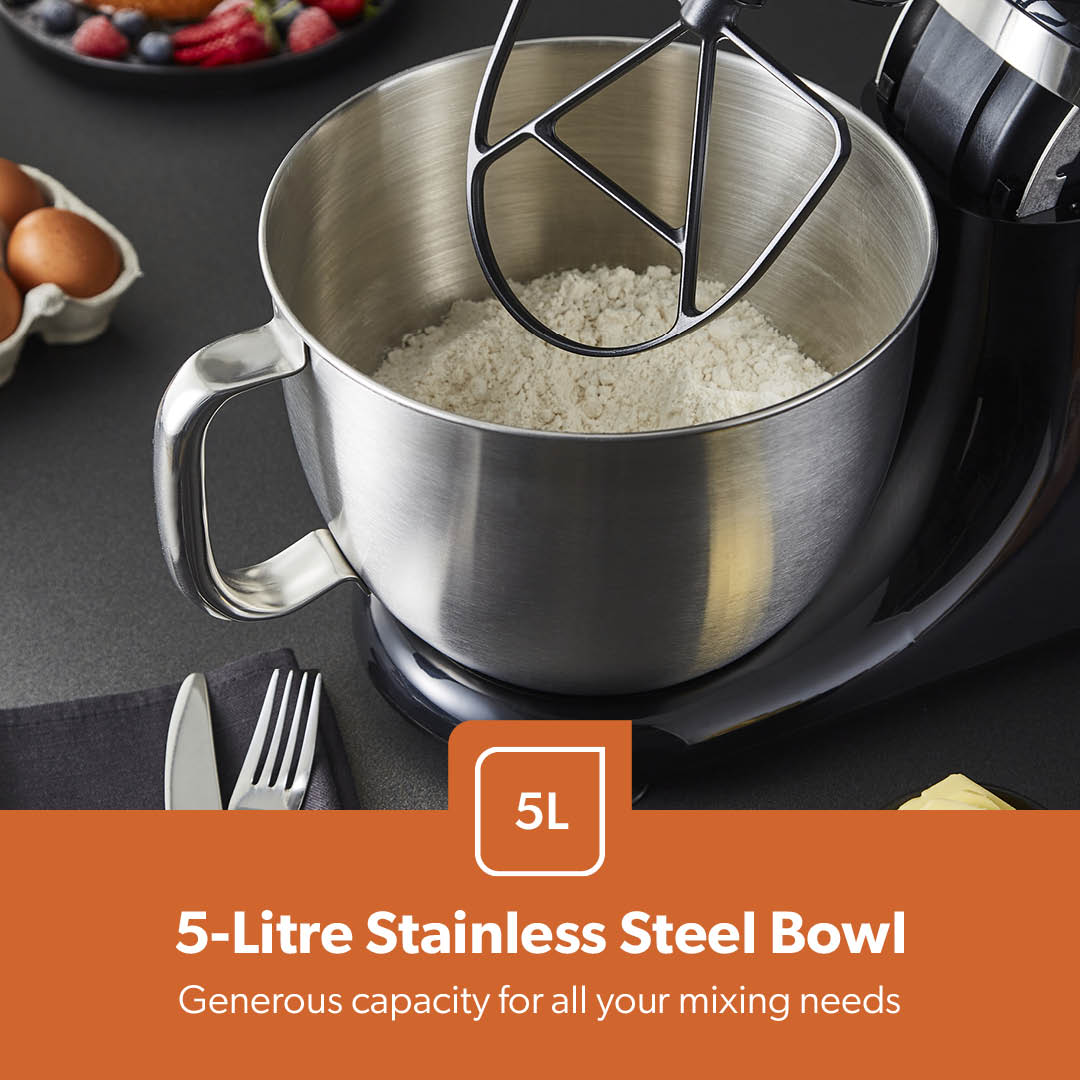 1000W Black Stand Mixer With 5L Bowl - 12-Speed With Beater & Dough Hook
