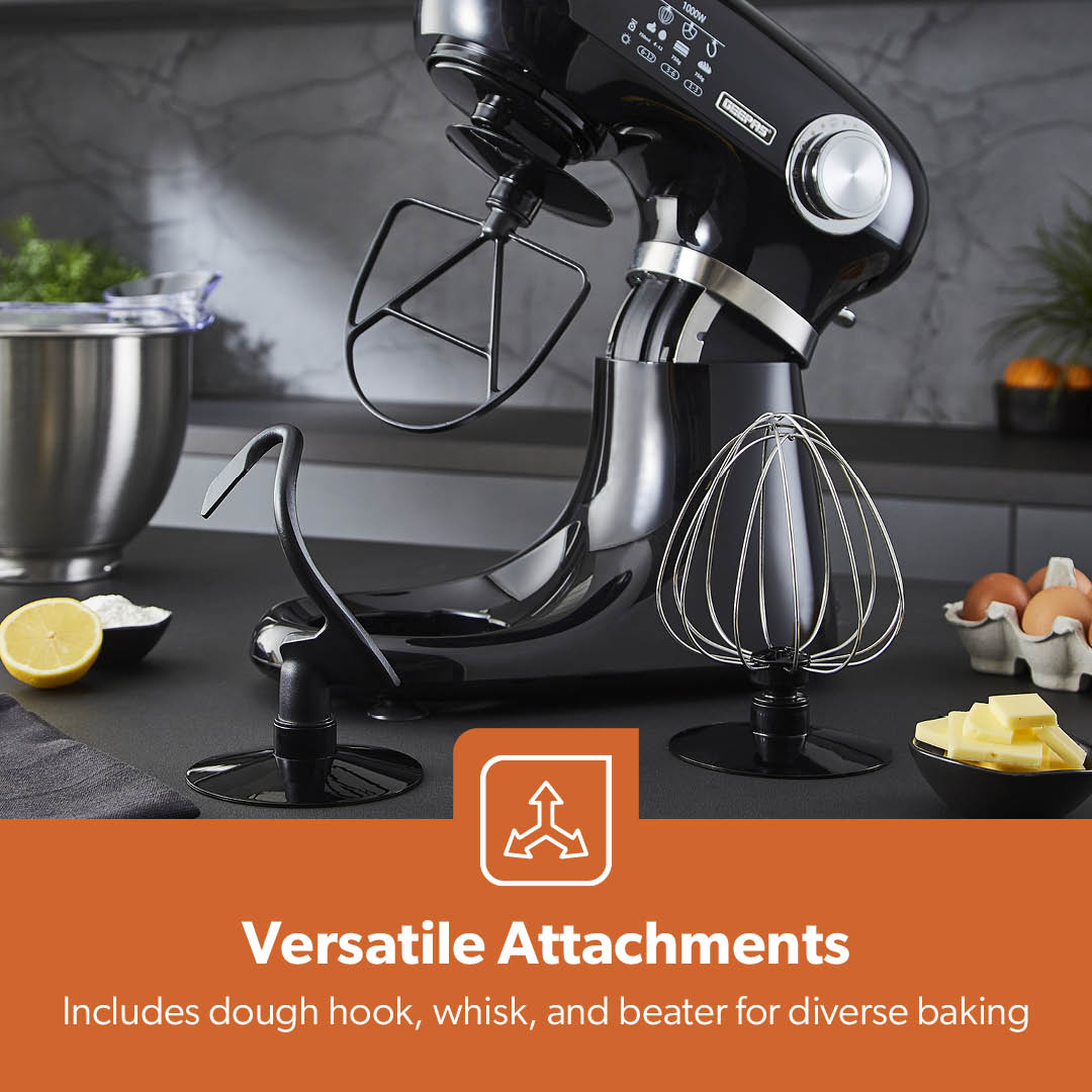 1000W Black Stand Mixer With 5L Bowl - 12-Speed With Beater & Dough Hook
