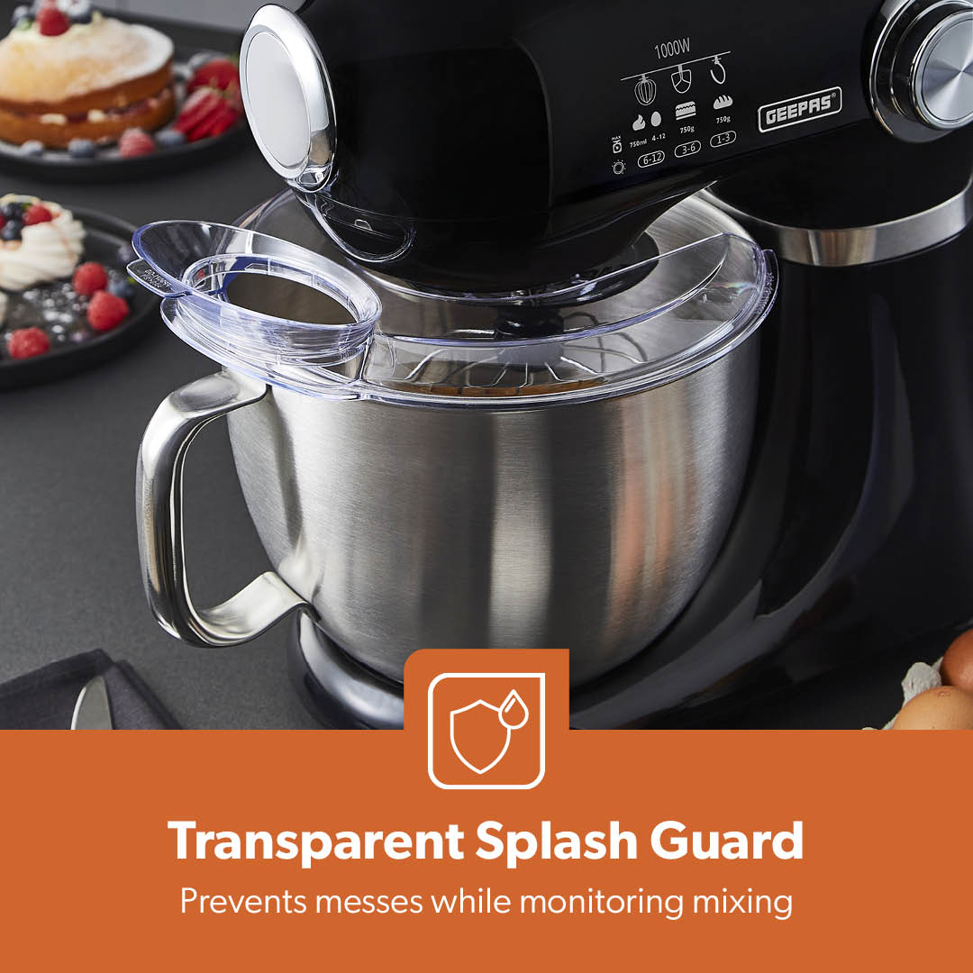 1000W Black Stand Mixer With 5L Bowl - 12-Speed With Beater & Dough Hook