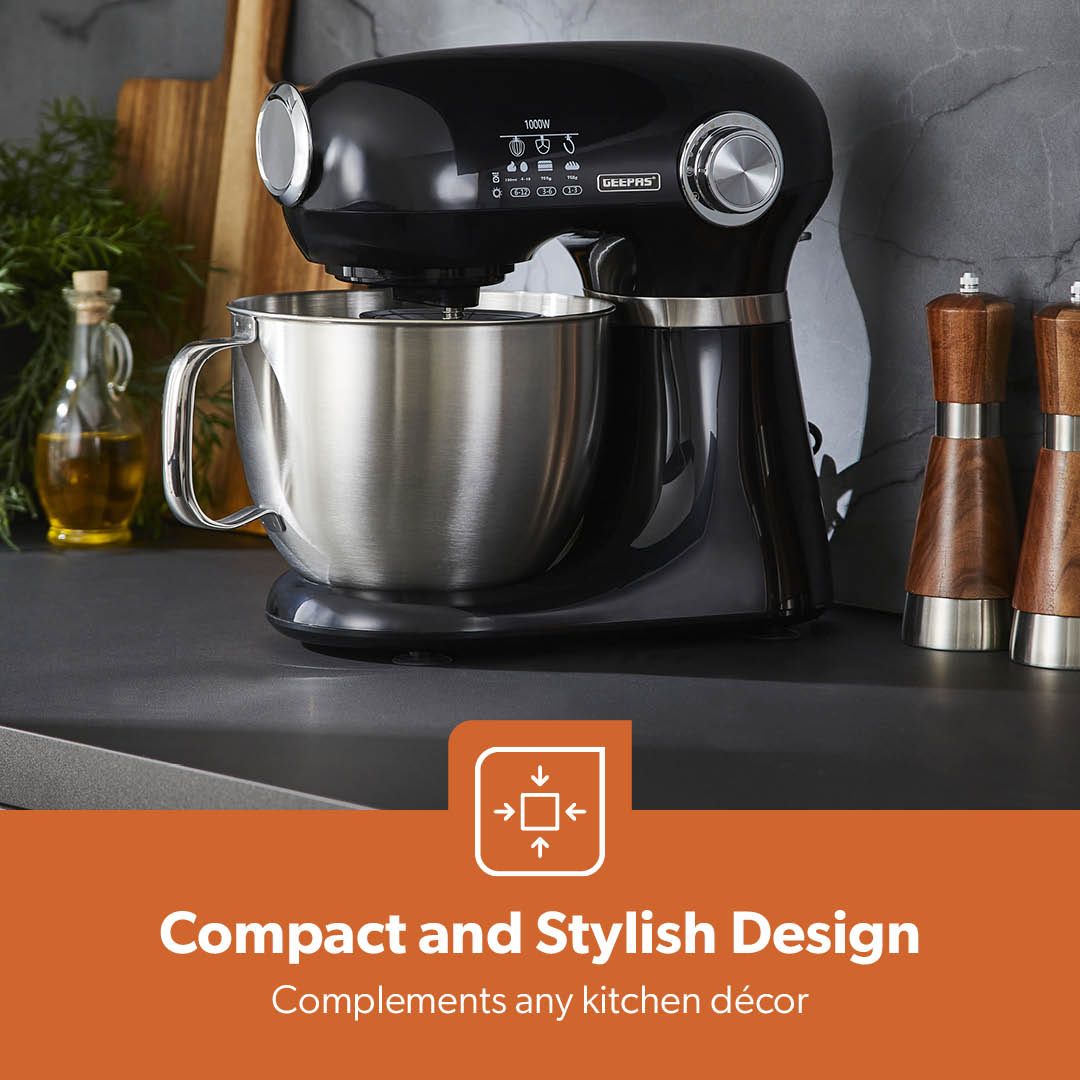 1000W Black Stand Mixer With 5L Bowl - 12-Speed With Beater & Dough Hook