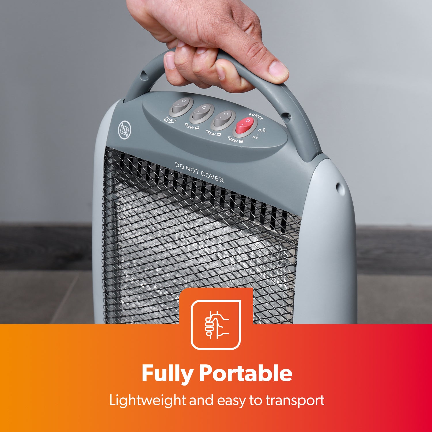Grey Oscillating 3-Bar Halogen Heater With Handle