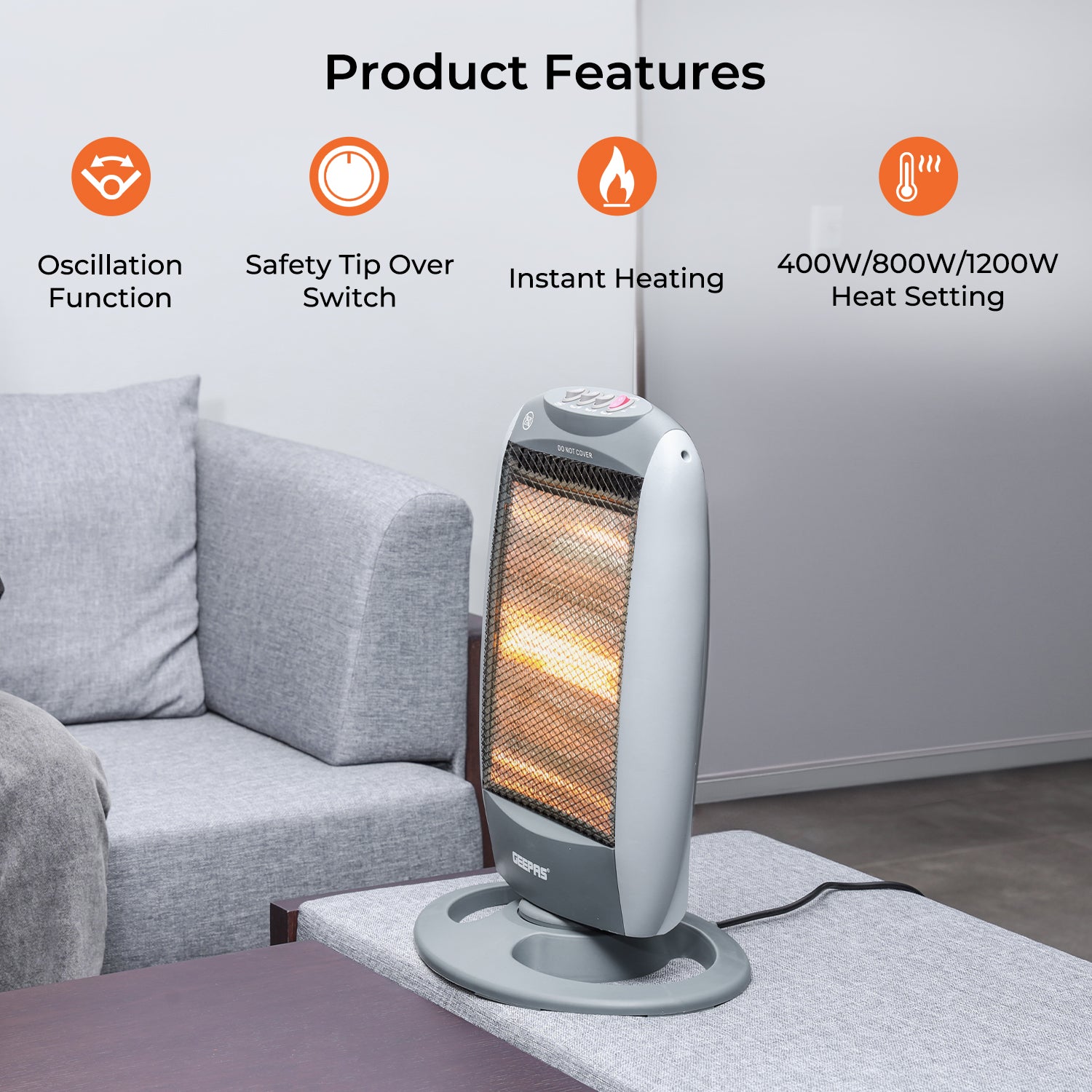 Set Of 2 Grey Instant Halogen Heaters With 3 Heat Settings