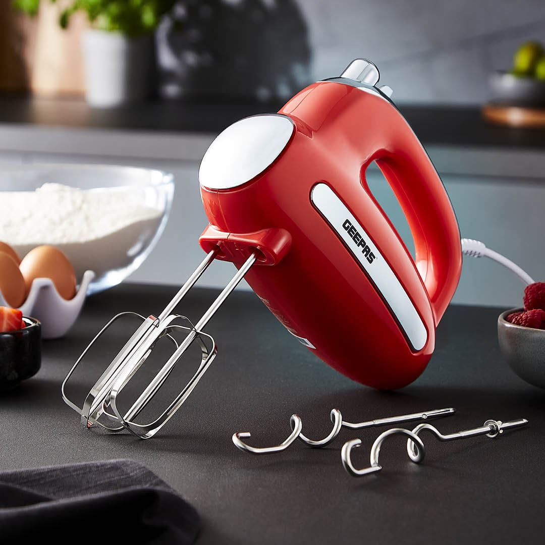 5-Speed Red and Chrome Retro Hand Mixer and Whisk